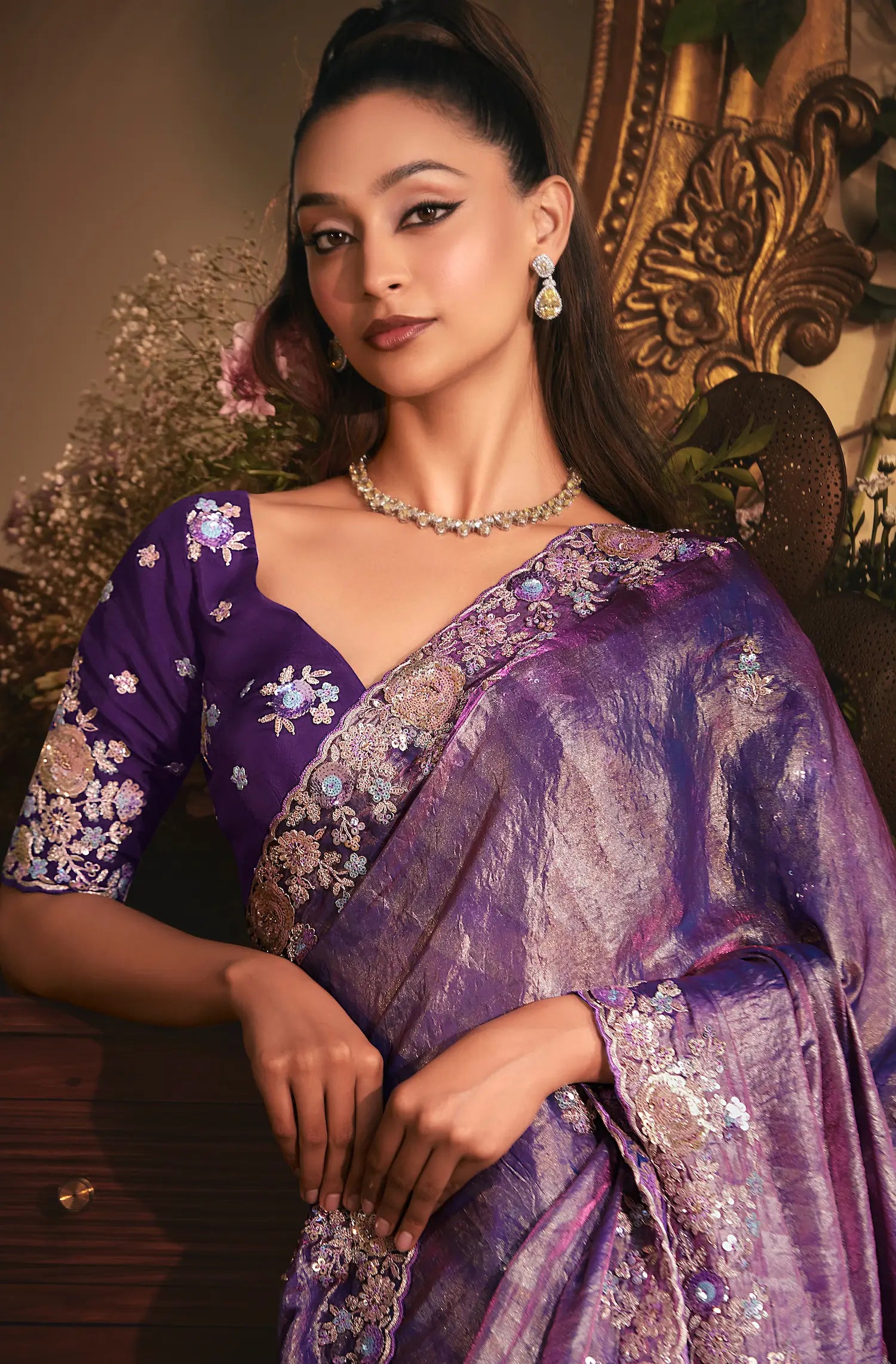 Shaded Purple Tissue Organza Heavy Embroidery Saree - qivii