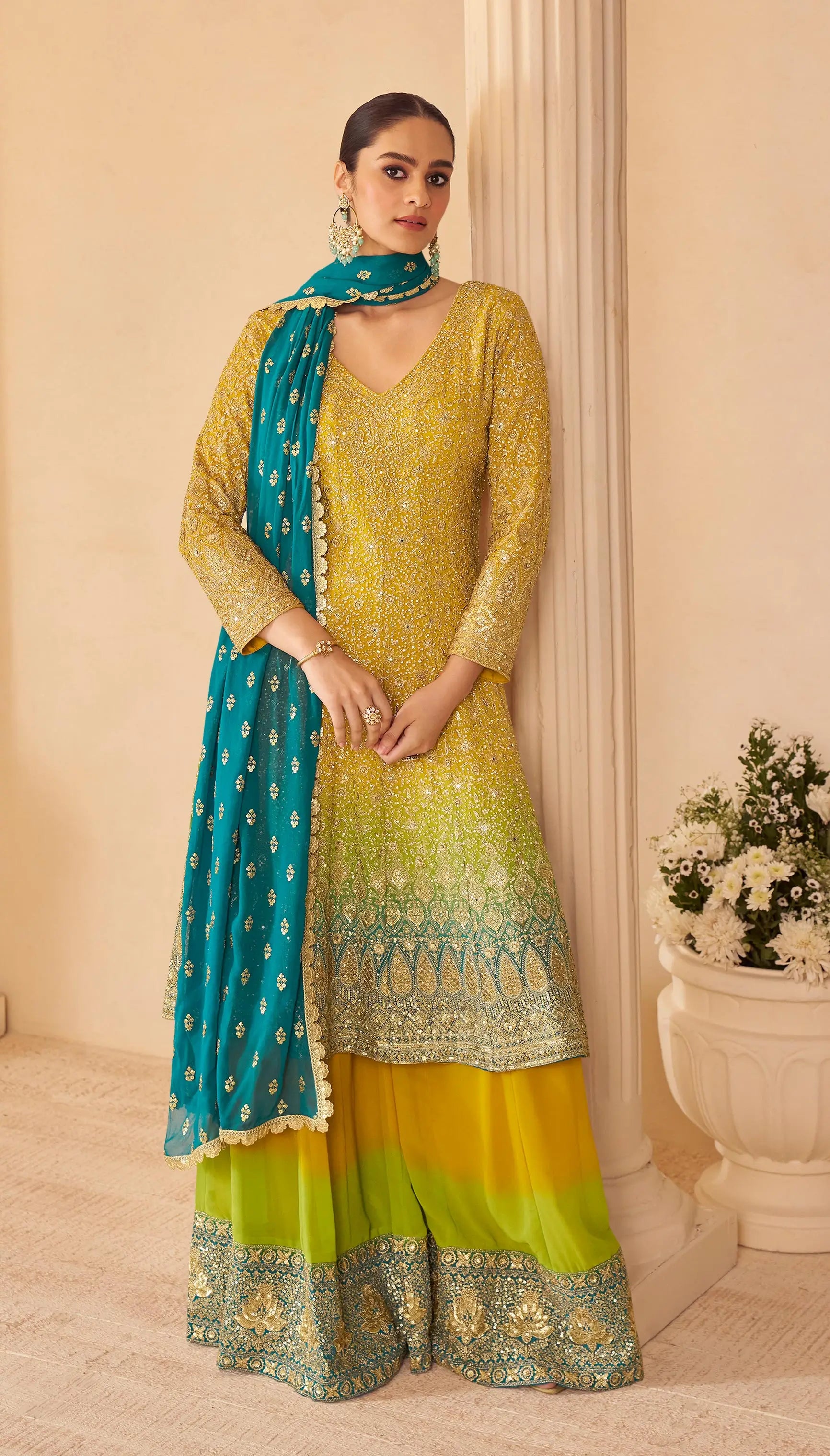 Mustard Yellow Handwork Salwar Palazzo Ensemble