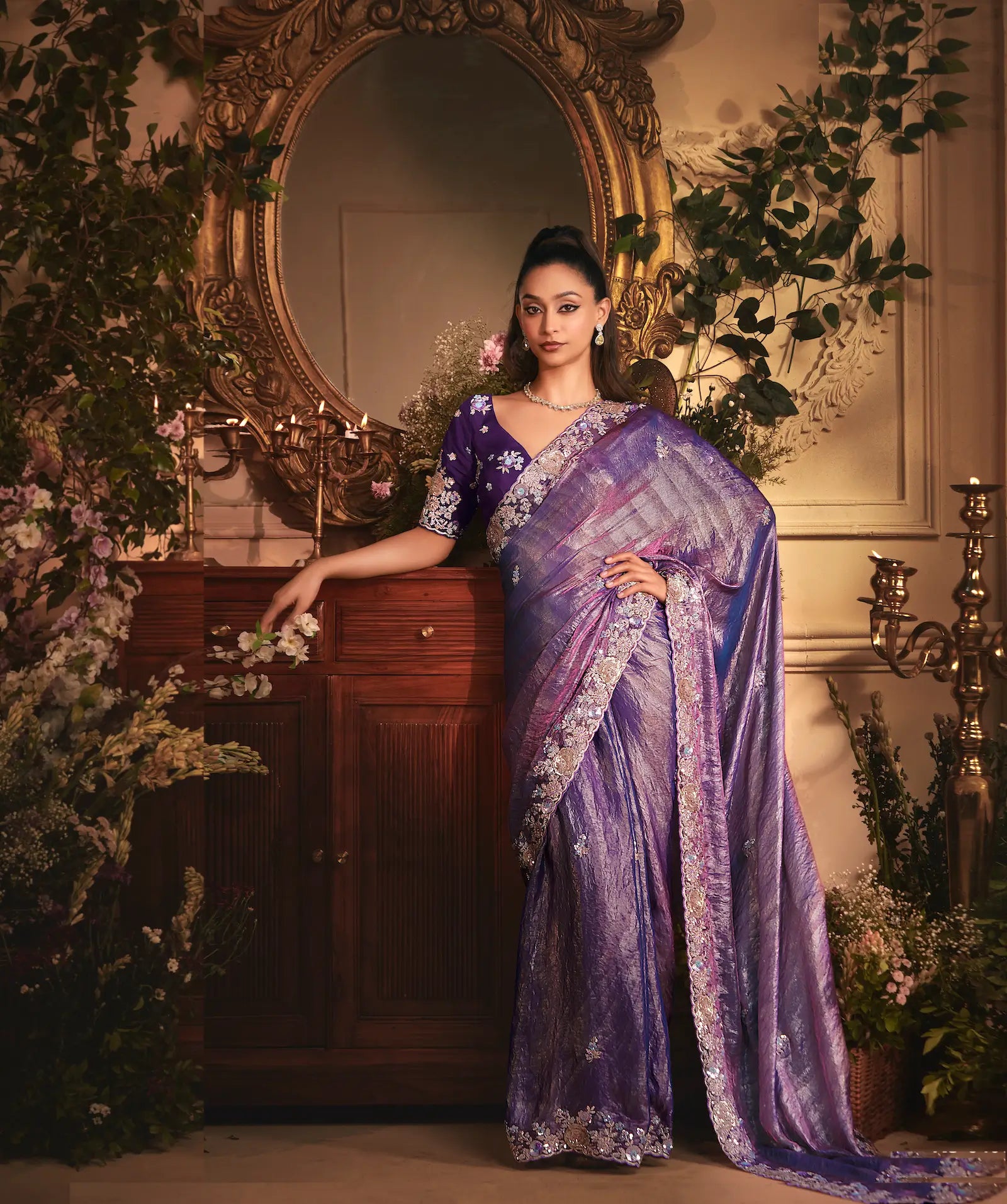 Shaded Purple Tissue Organza Heavy Embroidery Saree - qivii
