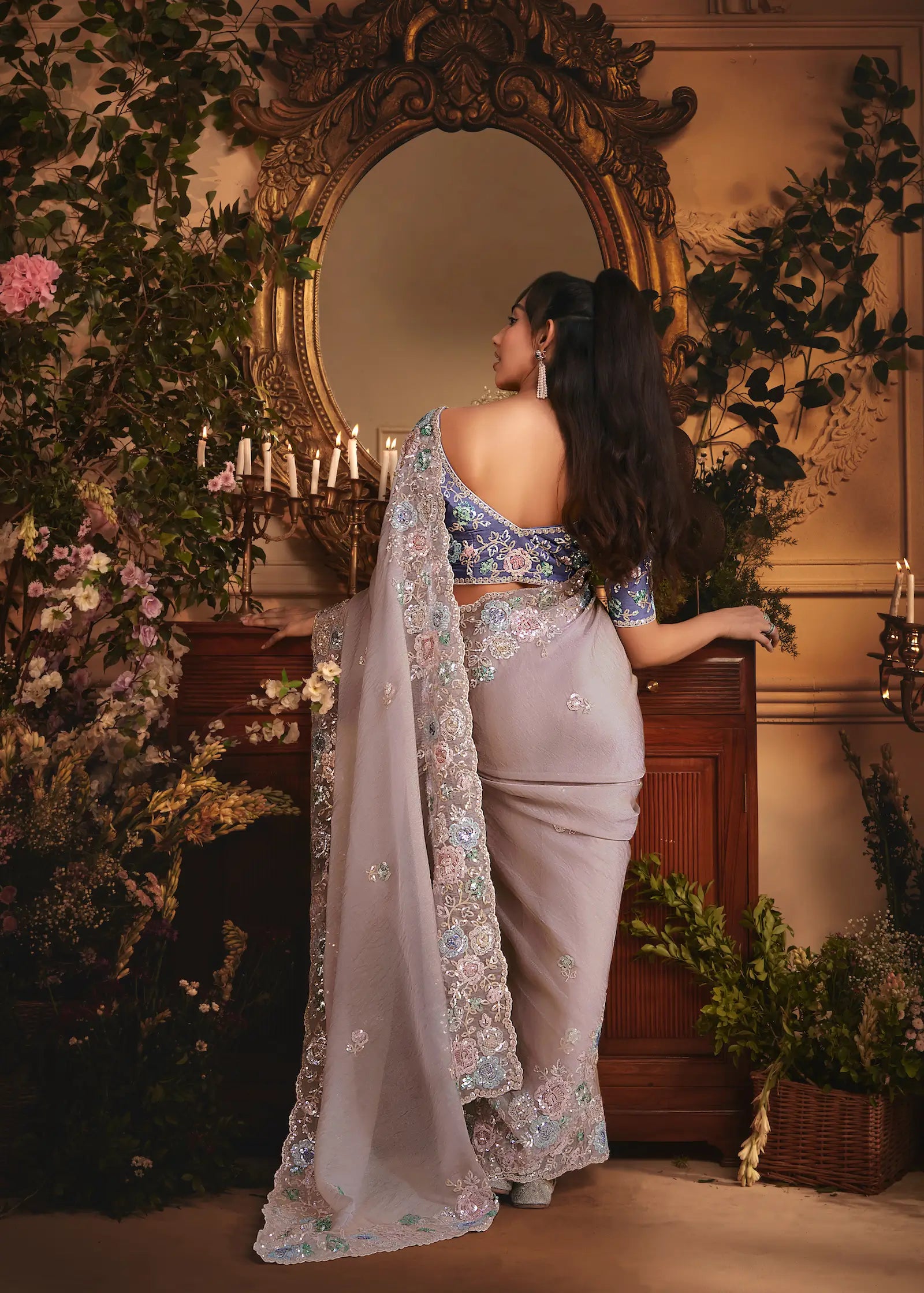 Dusty Lavender Tissue Organza Heavy Embroidery Saree - qivii