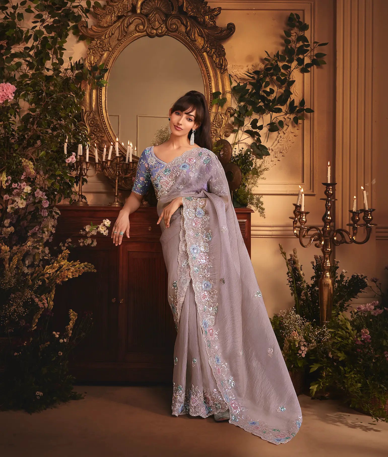 Dusty Lavender Tissue Organza Heavy Embroidery Saree - qivii