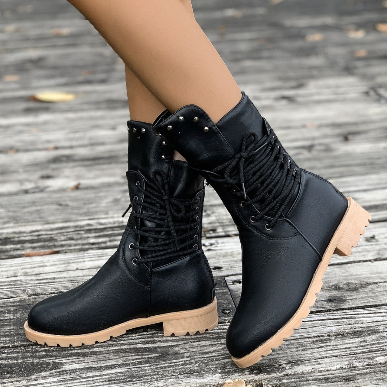 Women's Rivet Roma Boots - Side Lace Chunky Heel Mid Calf Boots (US 4-10.5)
