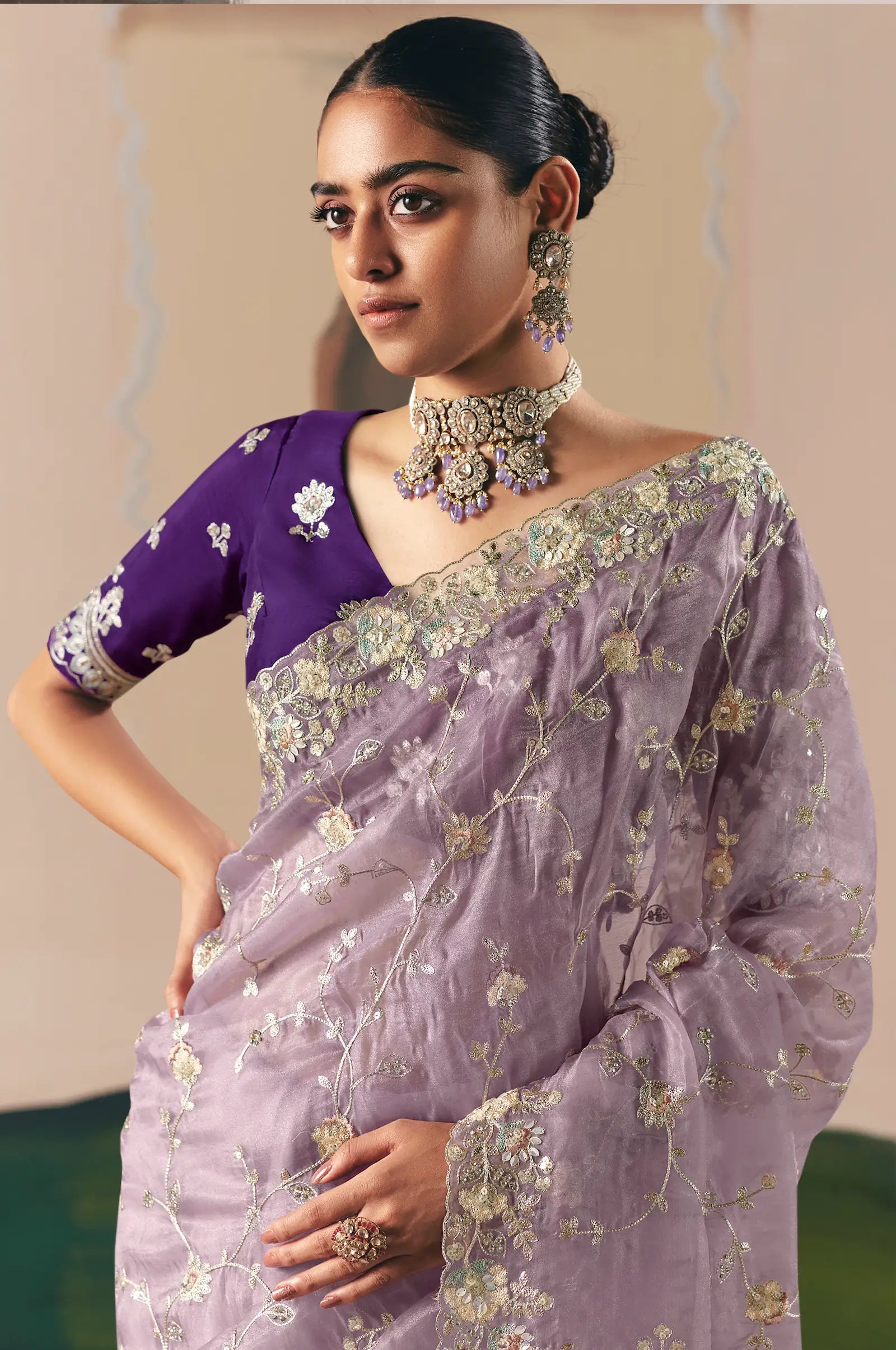 Lavender Fancy Embroidery & Stone Work Saree - qivii