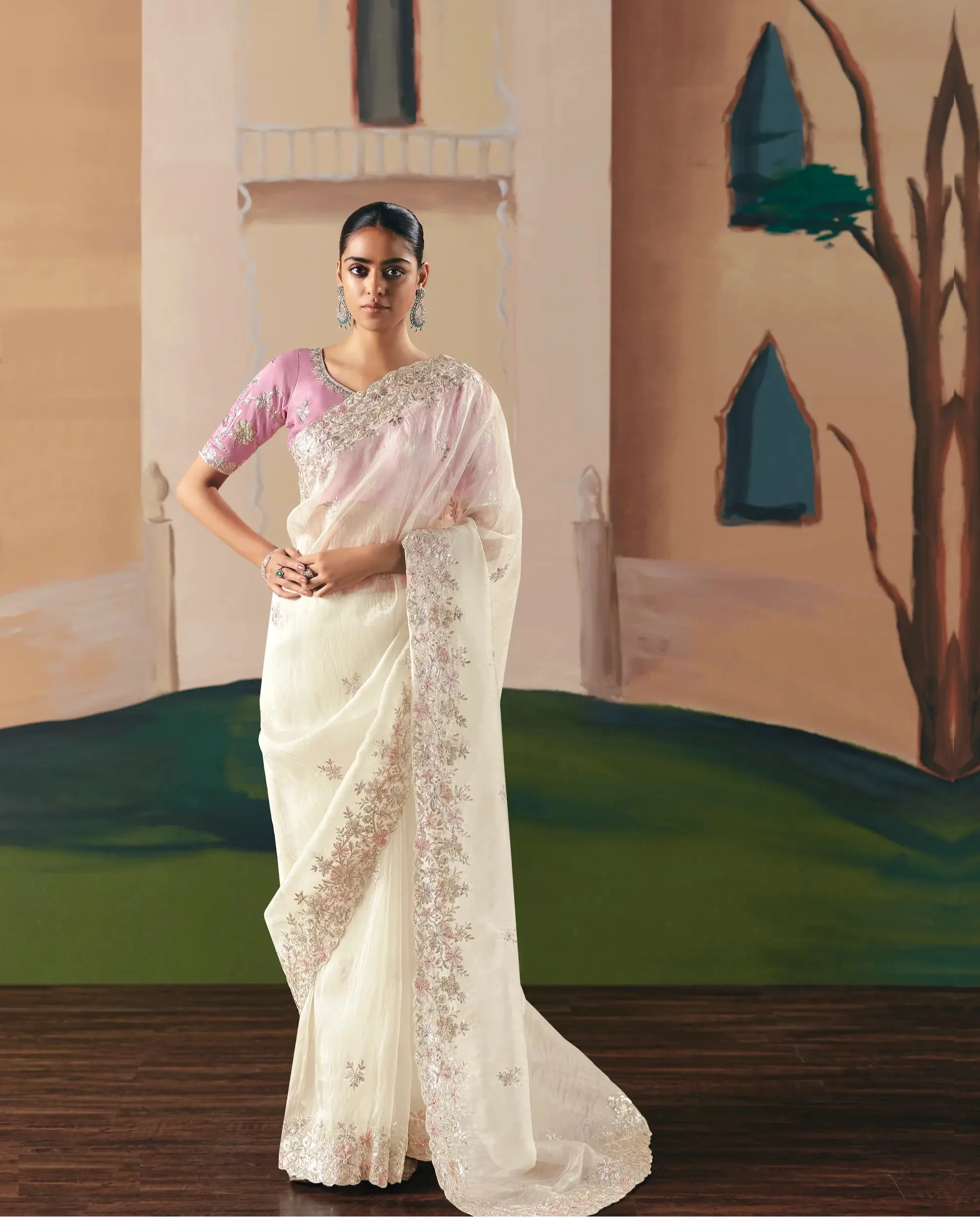 Pearl White Fancy Embroidery & Stone Work Saree - qivii