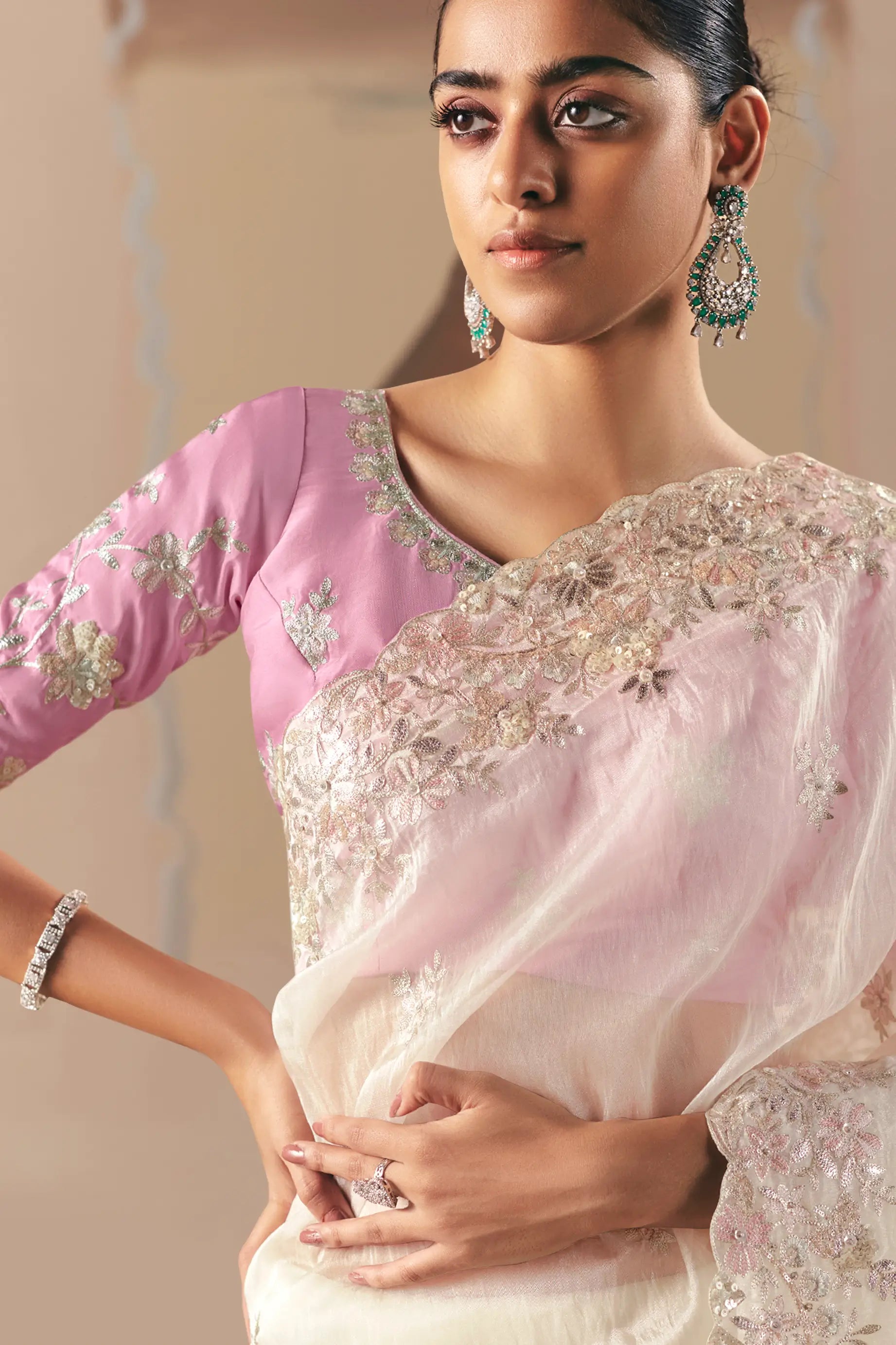 Pearl White Fancy Embroidery & Stone Work Saree - qivii