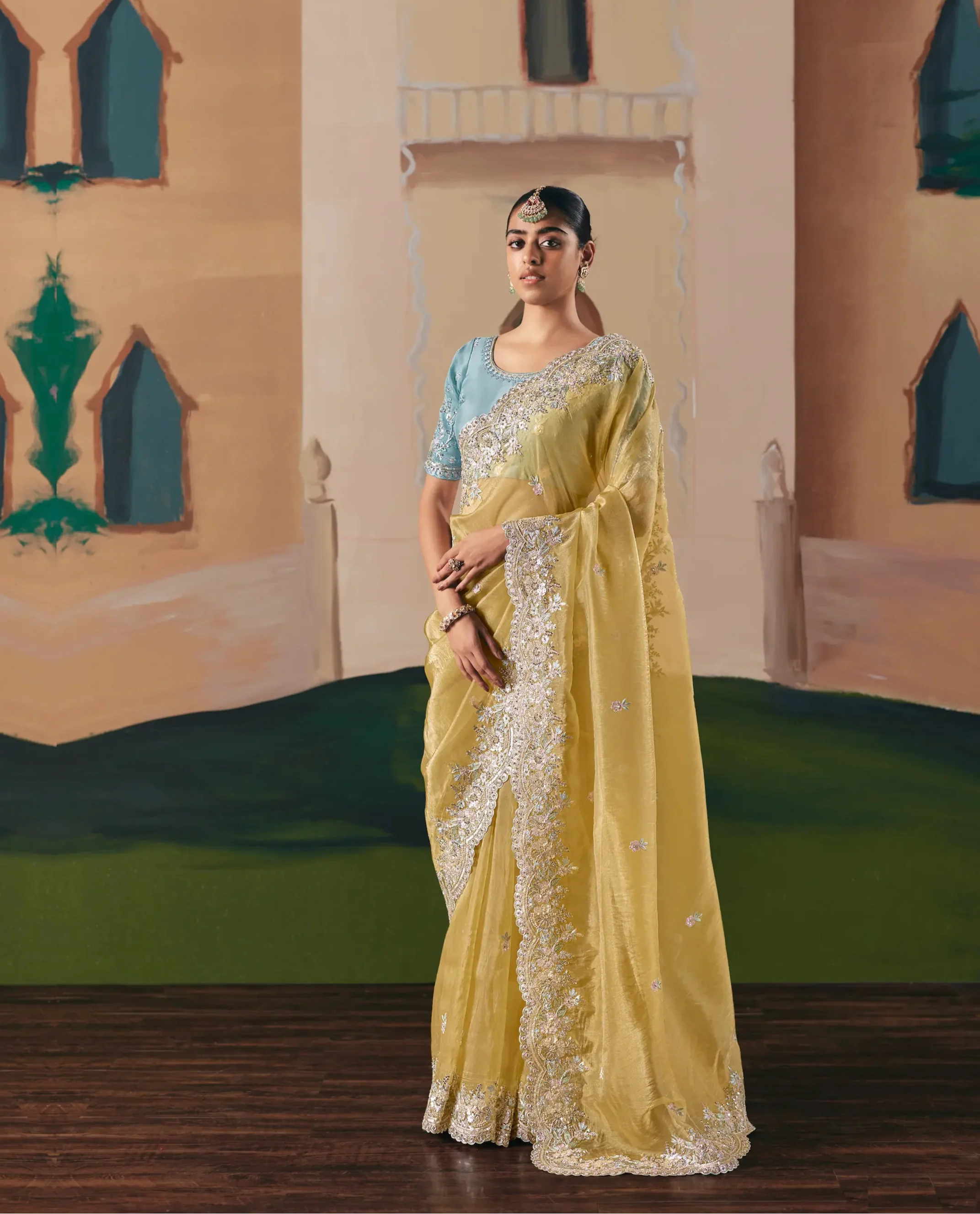 Sand Yellow Fancy Embroidery & Stone Work Saree - qivii