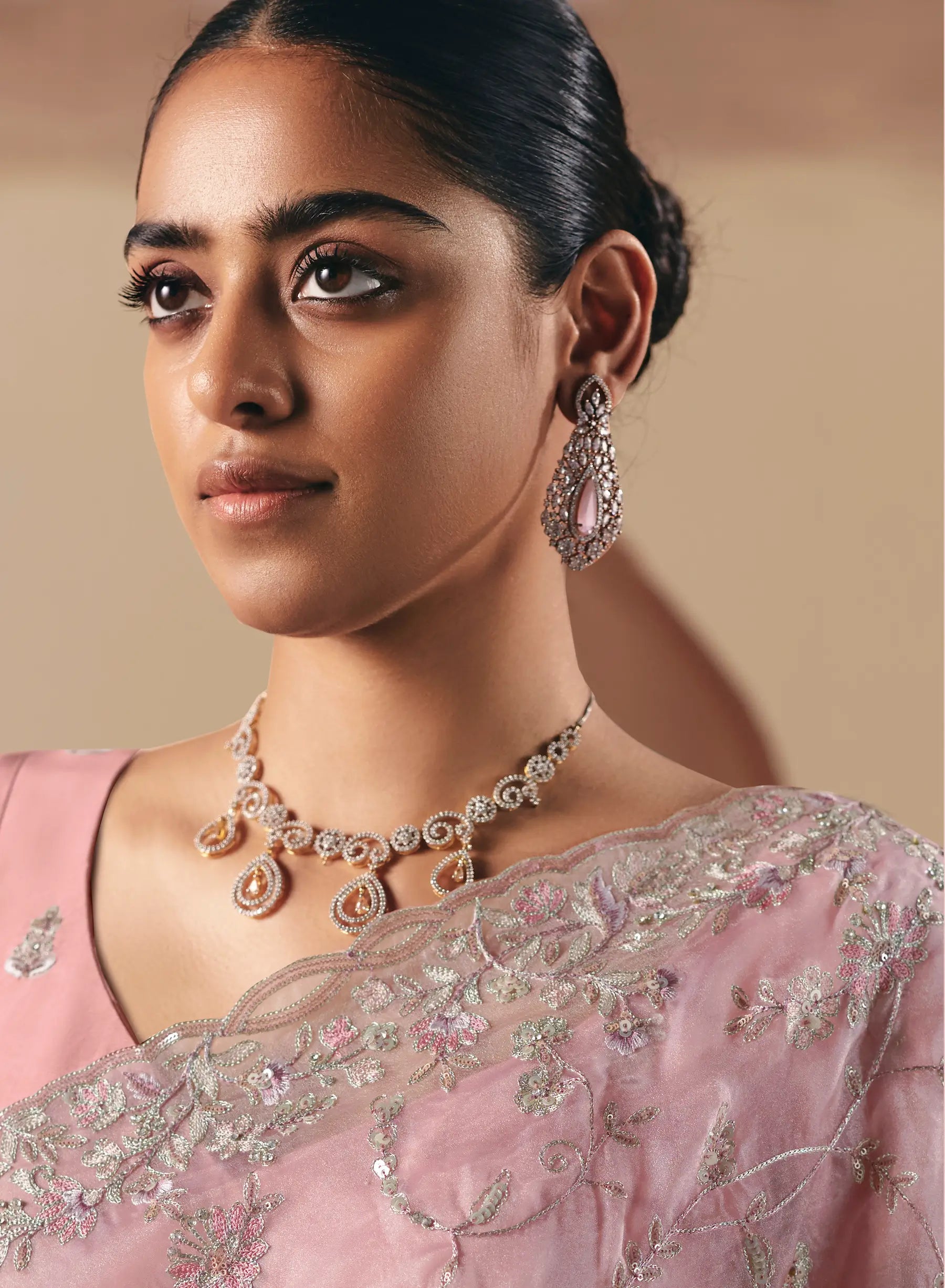 Daisy Pink Fancy Embroidery & Stone Work Saree - qivii