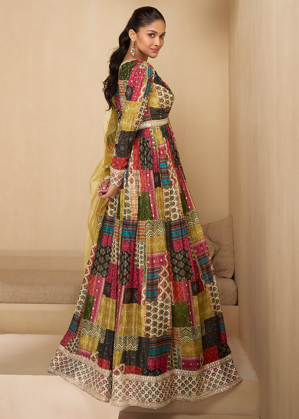 Multi Colored Georgette Anarkali Suit with Net Dupatta - qivii