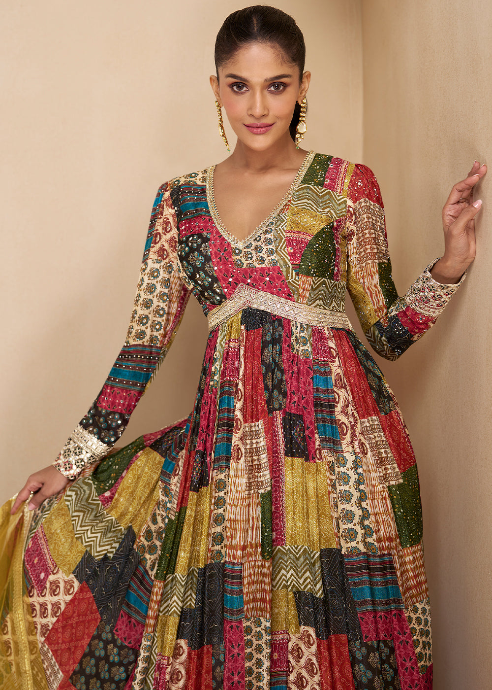 Multi Colored Georgette Anarkali Suit with Net Dupatta - qivii