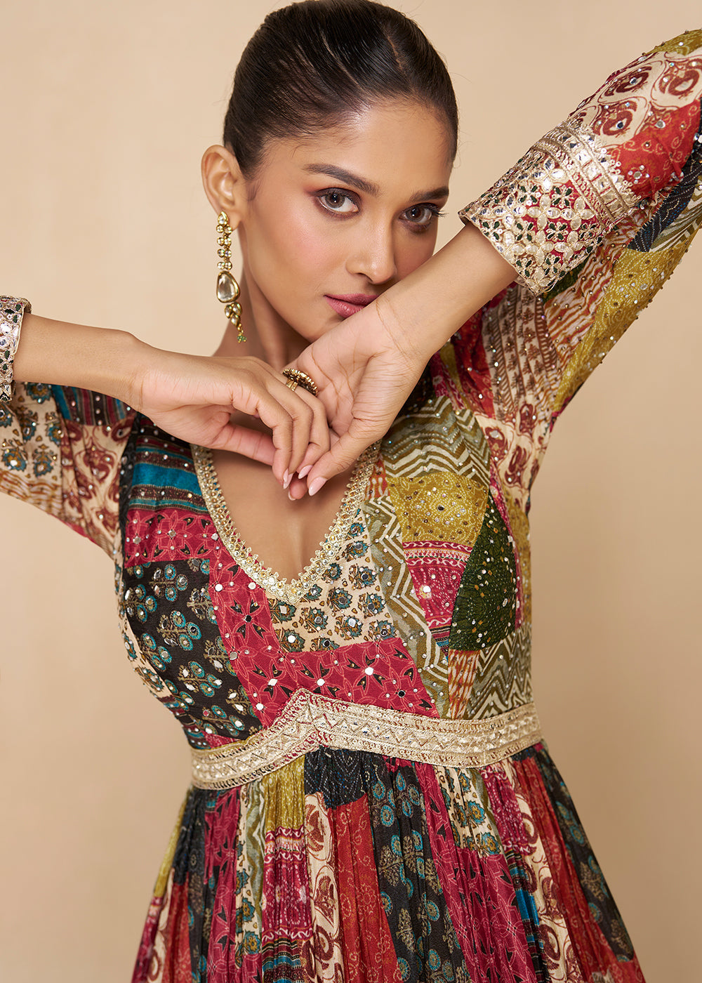 Multi Colored Georgette Anarkali Suit with Net Dupatta - qivii