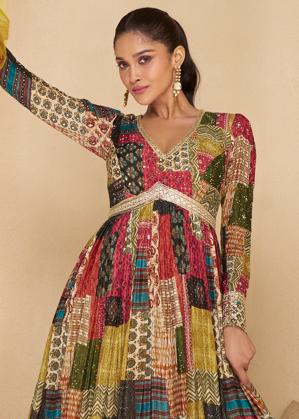 Multi Colored Georgette Anarkali Suit with Net Dupatta - qivii