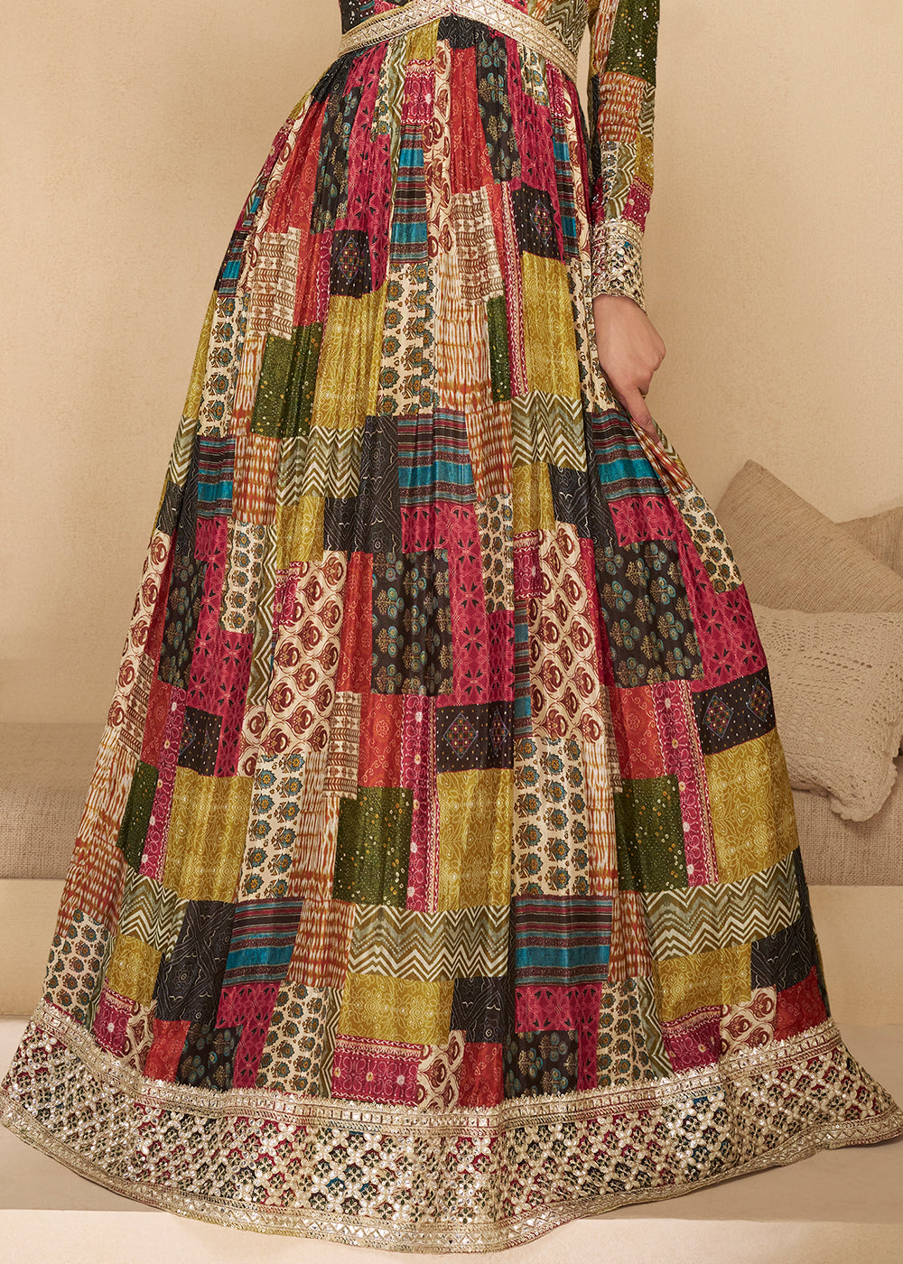 Multi Colored Georgette Anarkali Suit with Net Dupatta - qivii