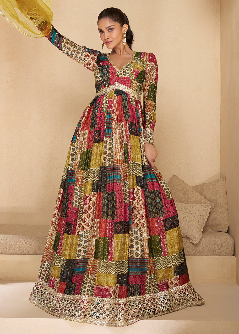 Multi Colored Georgette Anarkali Suit with Net Dupatta - qivii