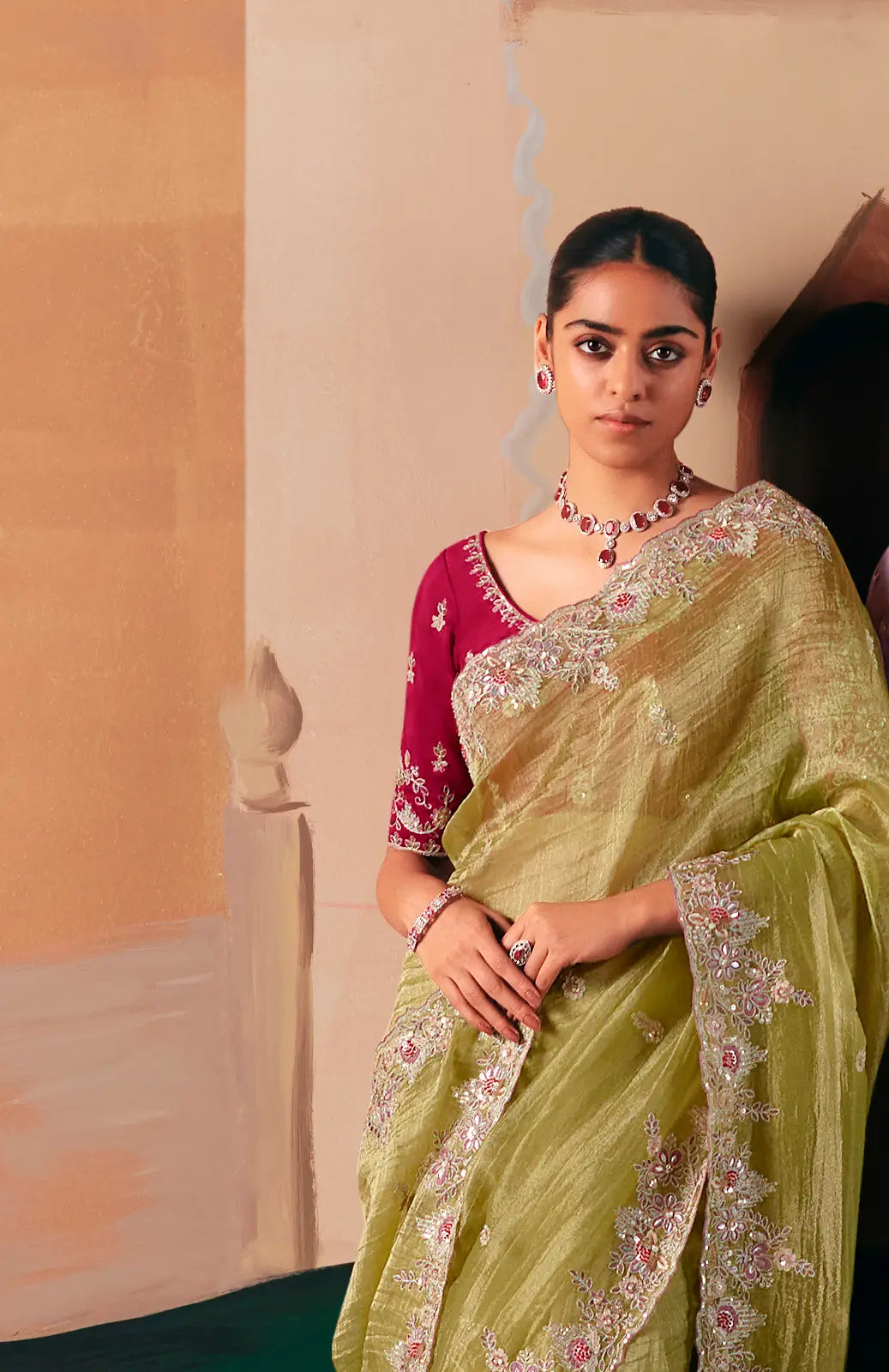 Parrot Green Fancy Embroidery & Stone Work Saree - qivii
