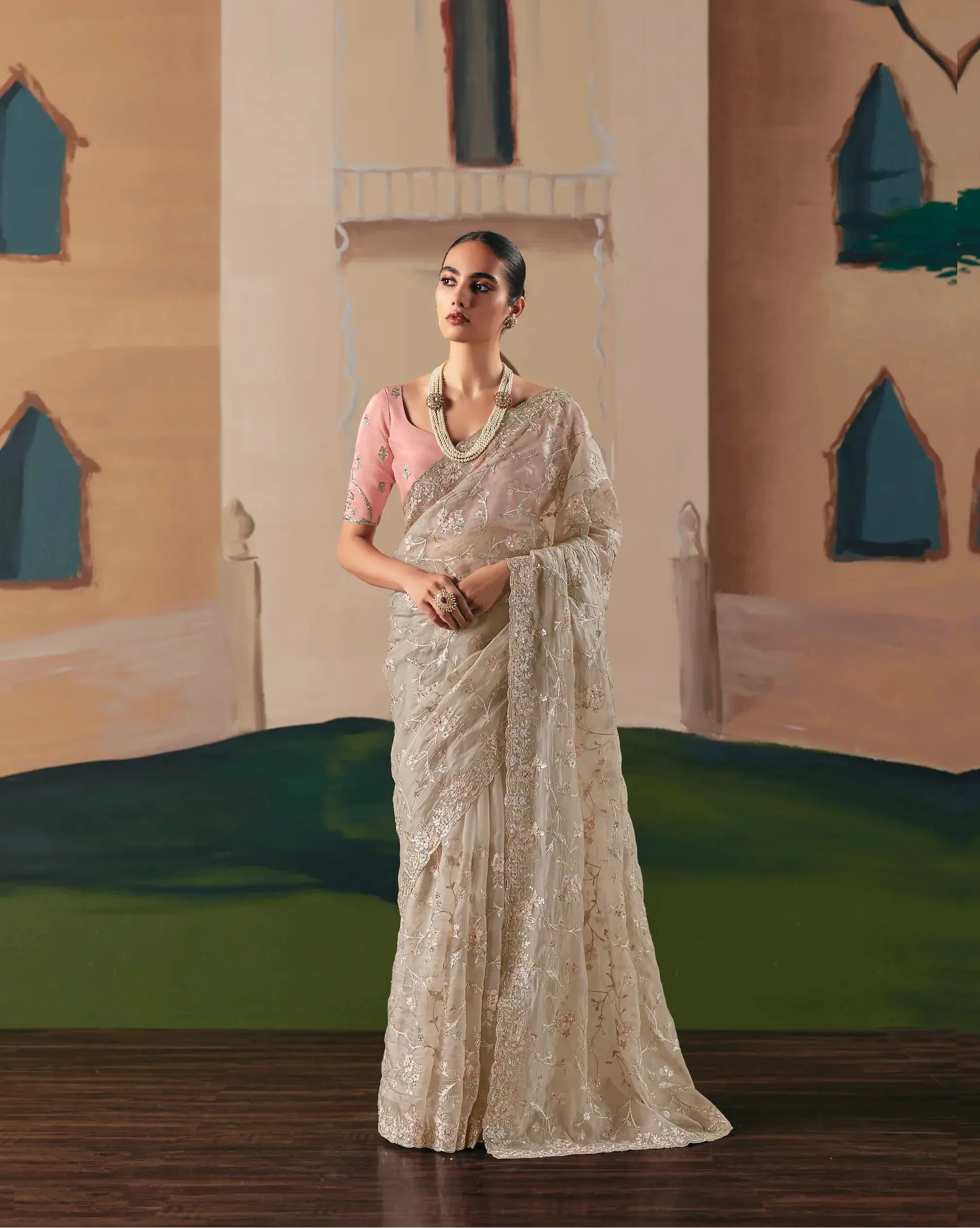 Dusty Grey Fancy Embroidery & Stone Work Saree - qivii