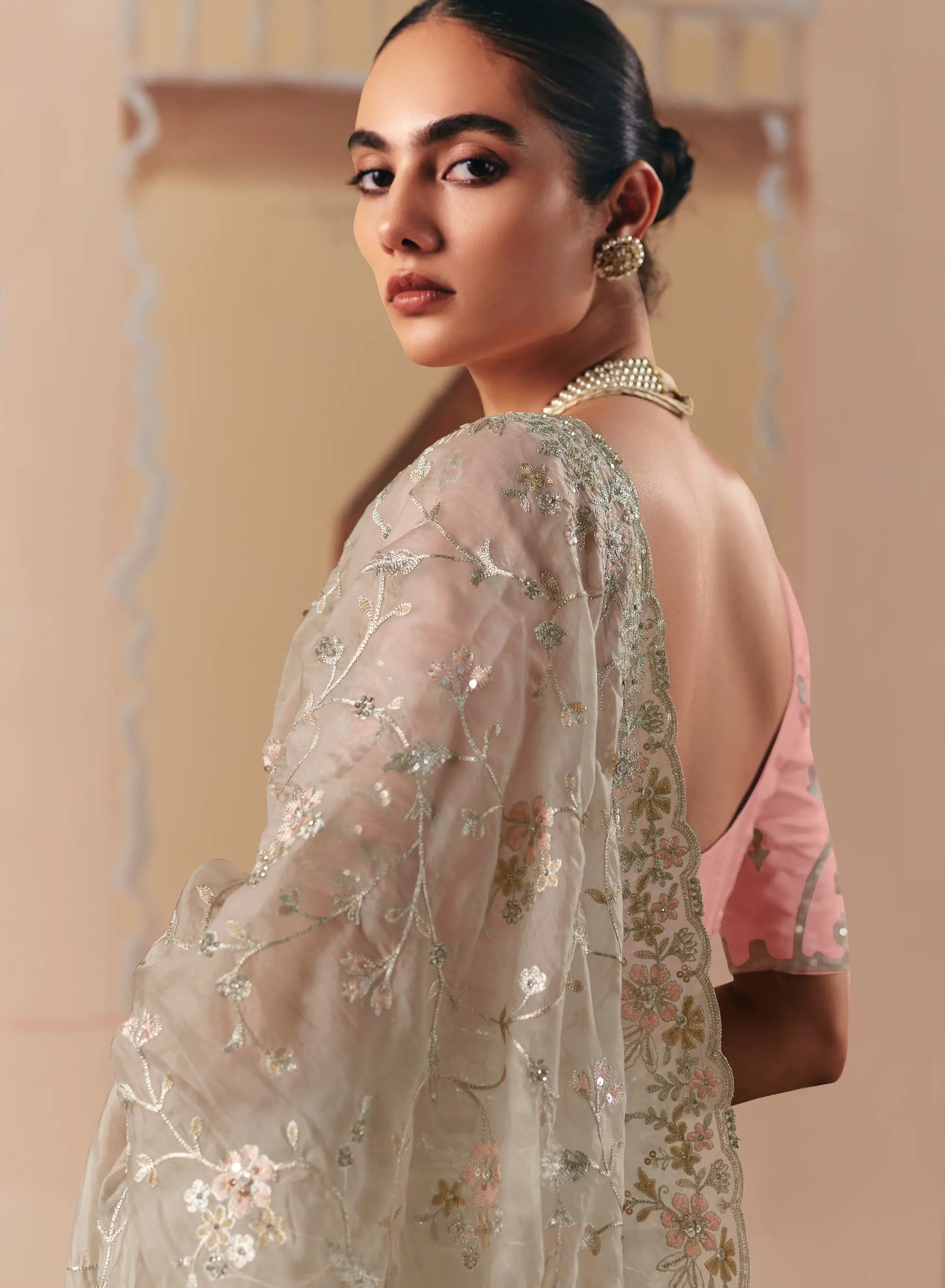 Dusty Grey Fancy Embroidery & Stone Work Saree - qivii