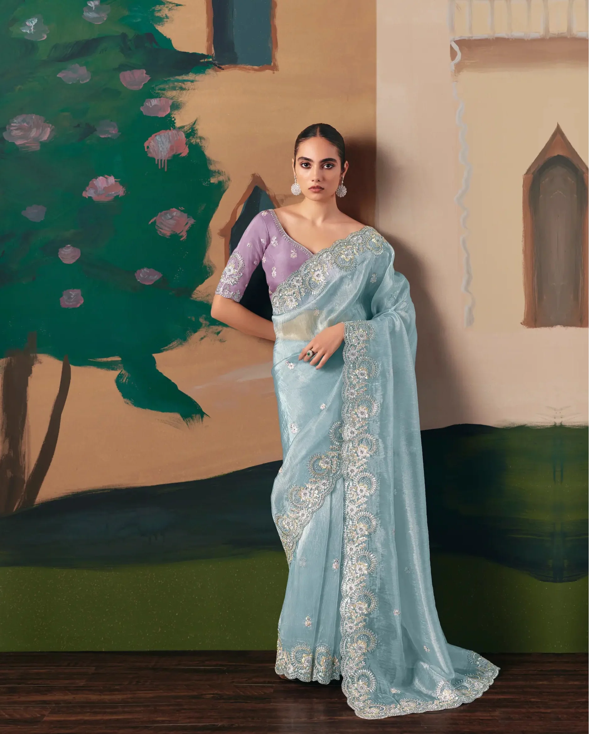 Sky Blue Fancy Embroidery & Stone Work Saree - qivii
