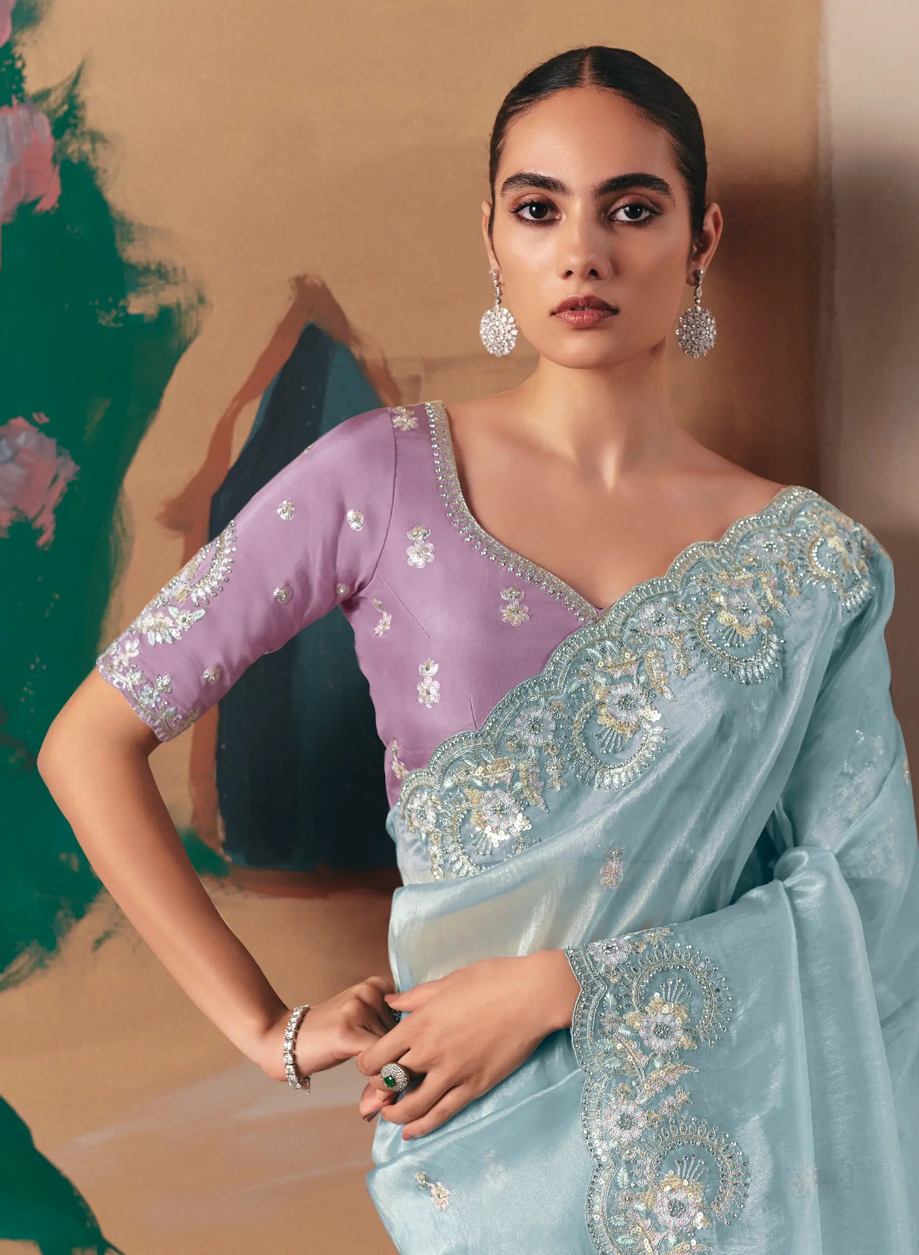 Sky Blue Fancy Embroidery & Stone Work Saree - qivii