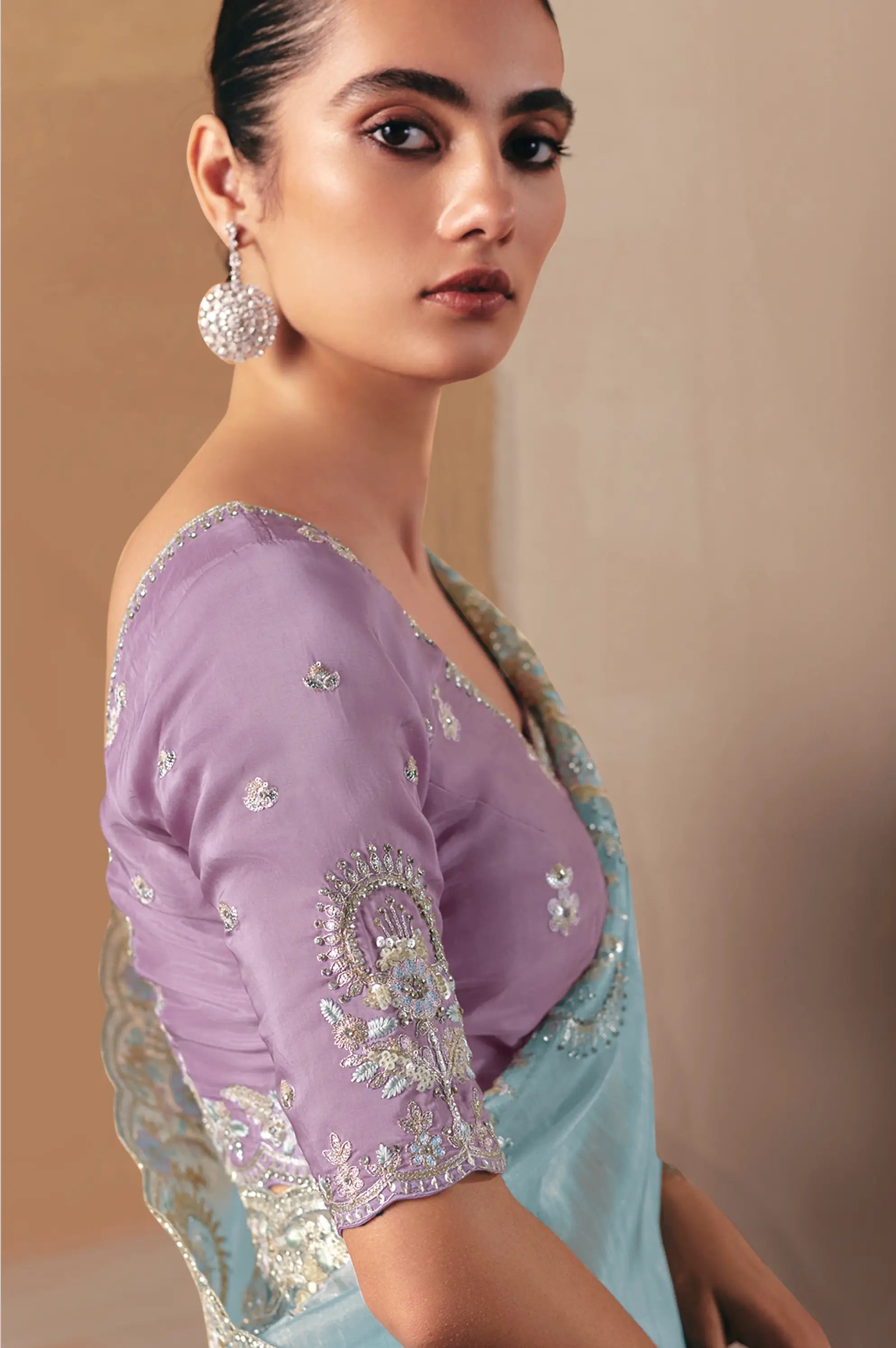 Sky Blue Fancy Embroidery & Stone Work Saree - qivii