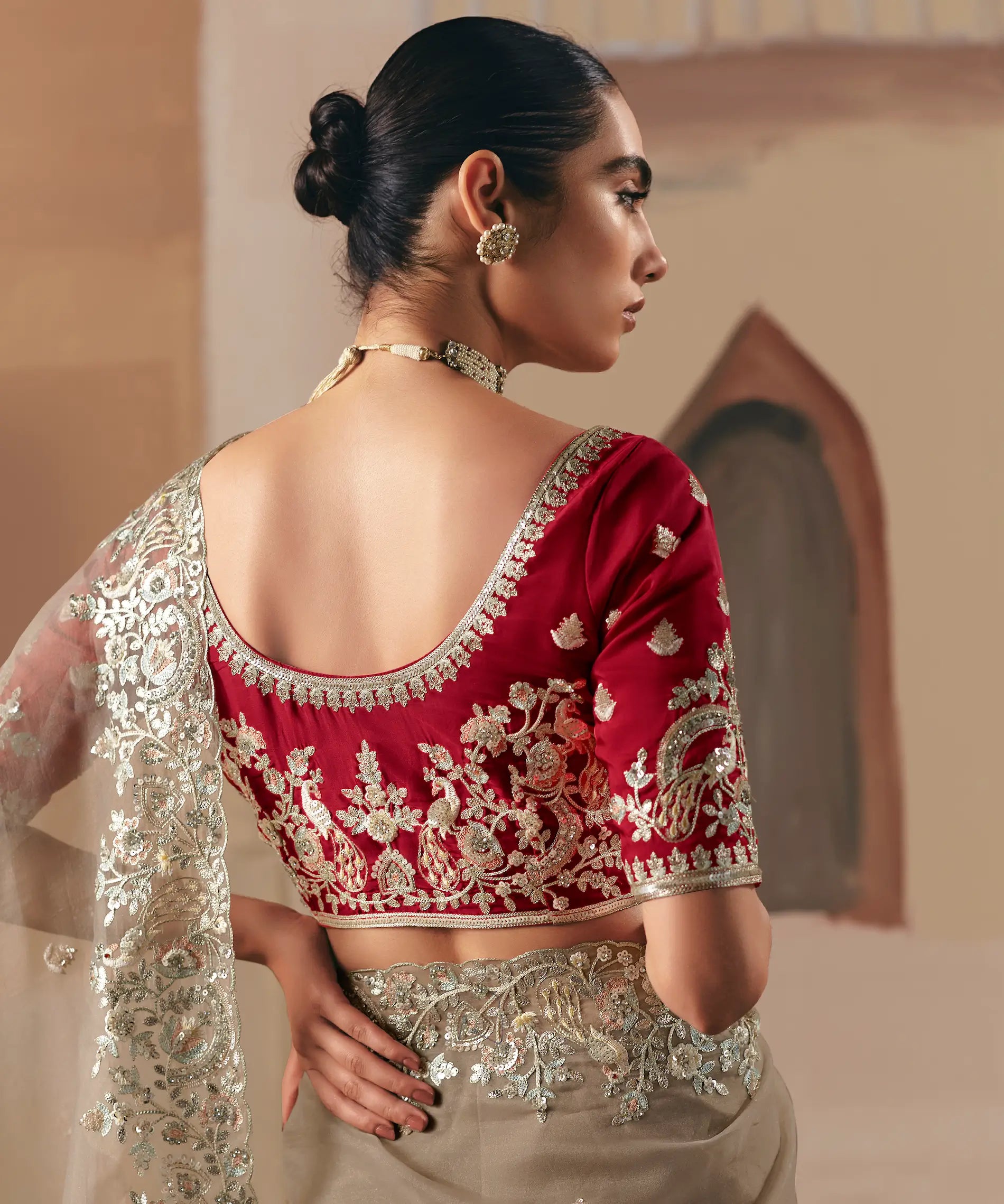 Sand Brown Fancy Embroidery & Stone Work Saree - qivii