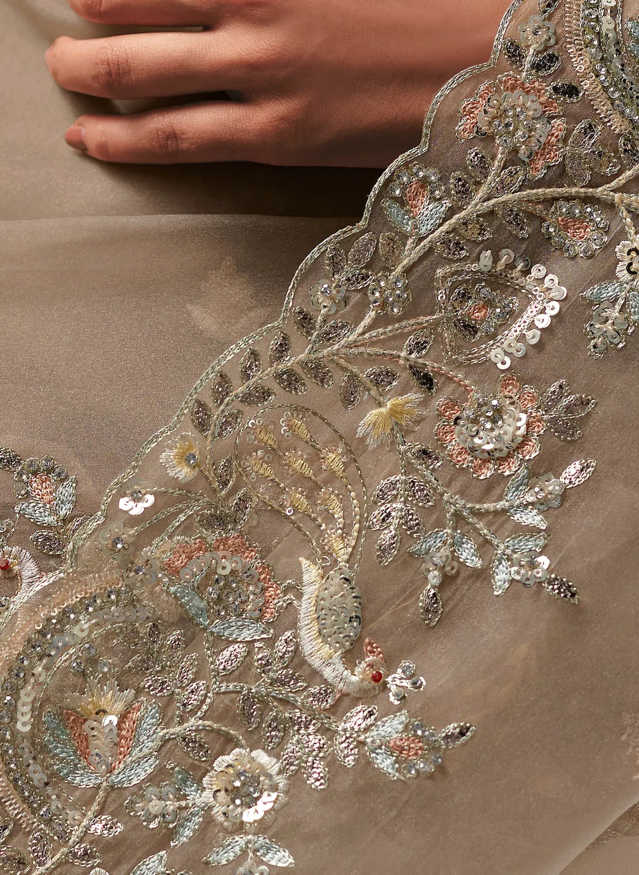 Sand Brown Fancy Embroidery & Stone Work Saree - qivii