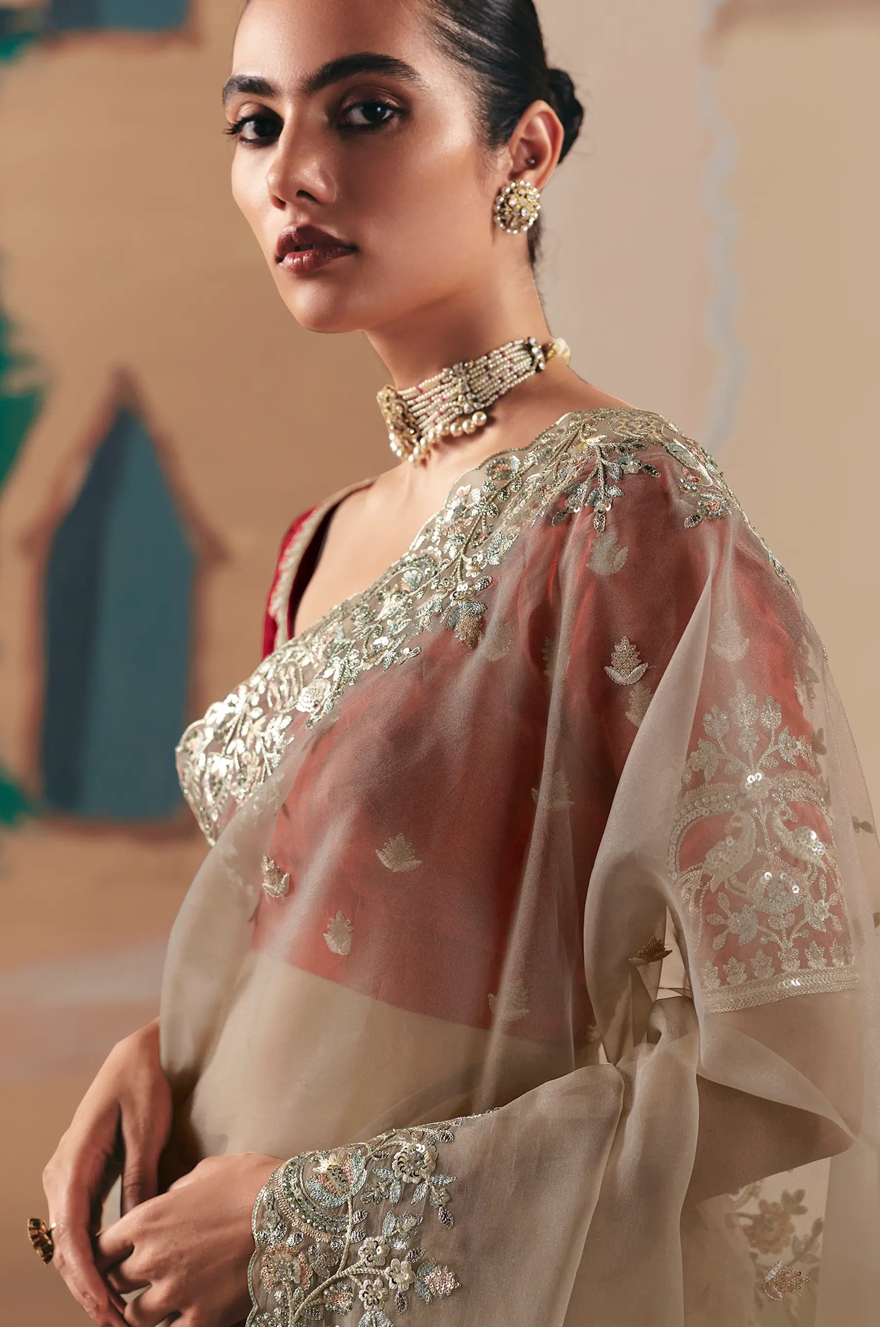 Sand Brown Fancy Embroidery & Stone Work Saree - qivii