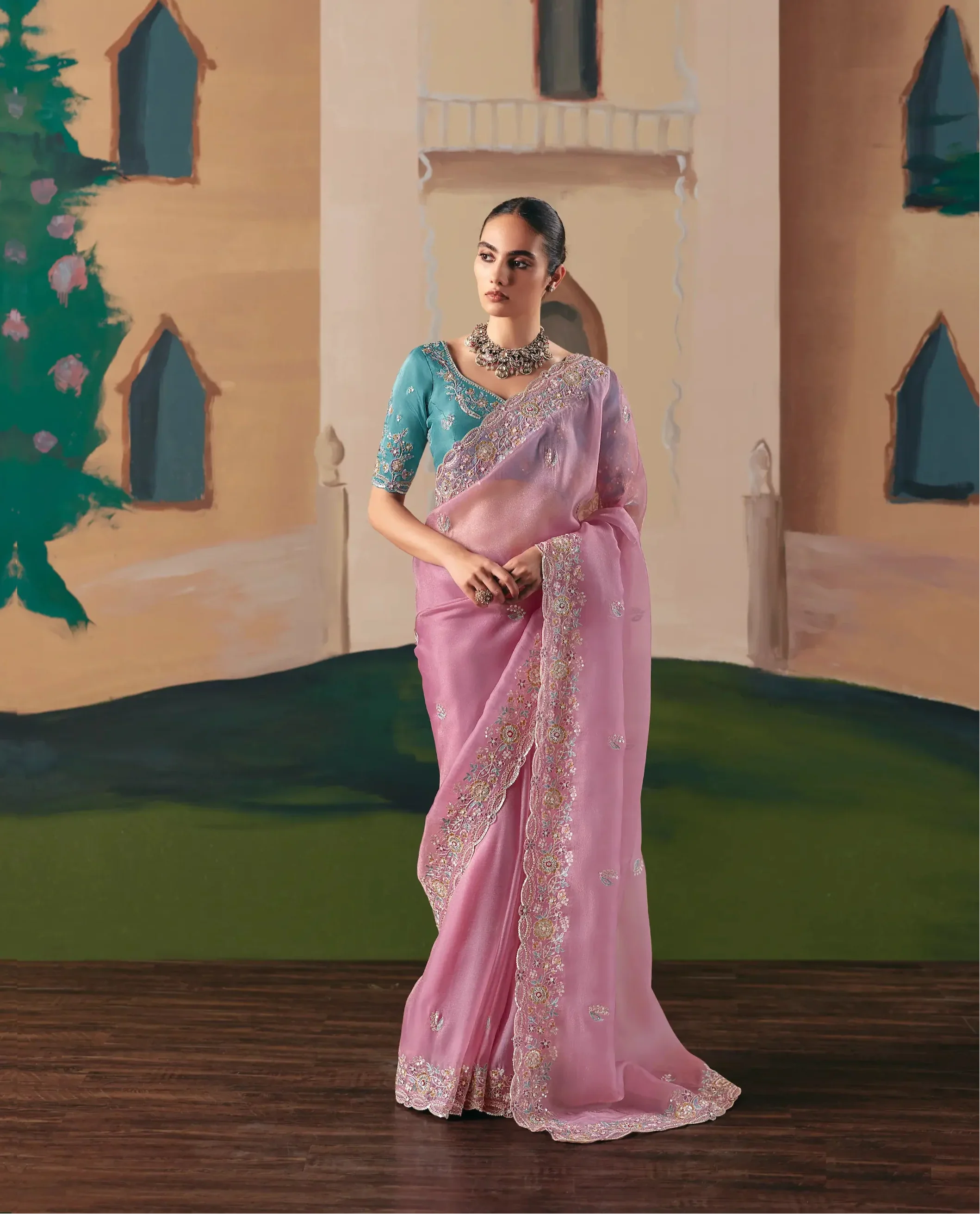 Rosy Pink Fancy Embroidery & Stone Work Saree - qivii
