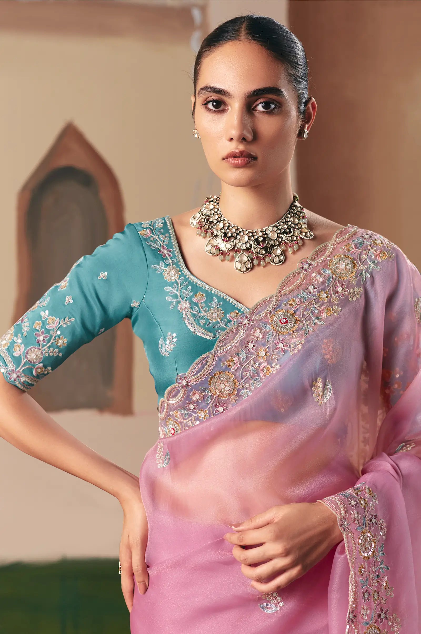 Rosy Pink Fancy Embroidery & Stone Work Saree - qivii