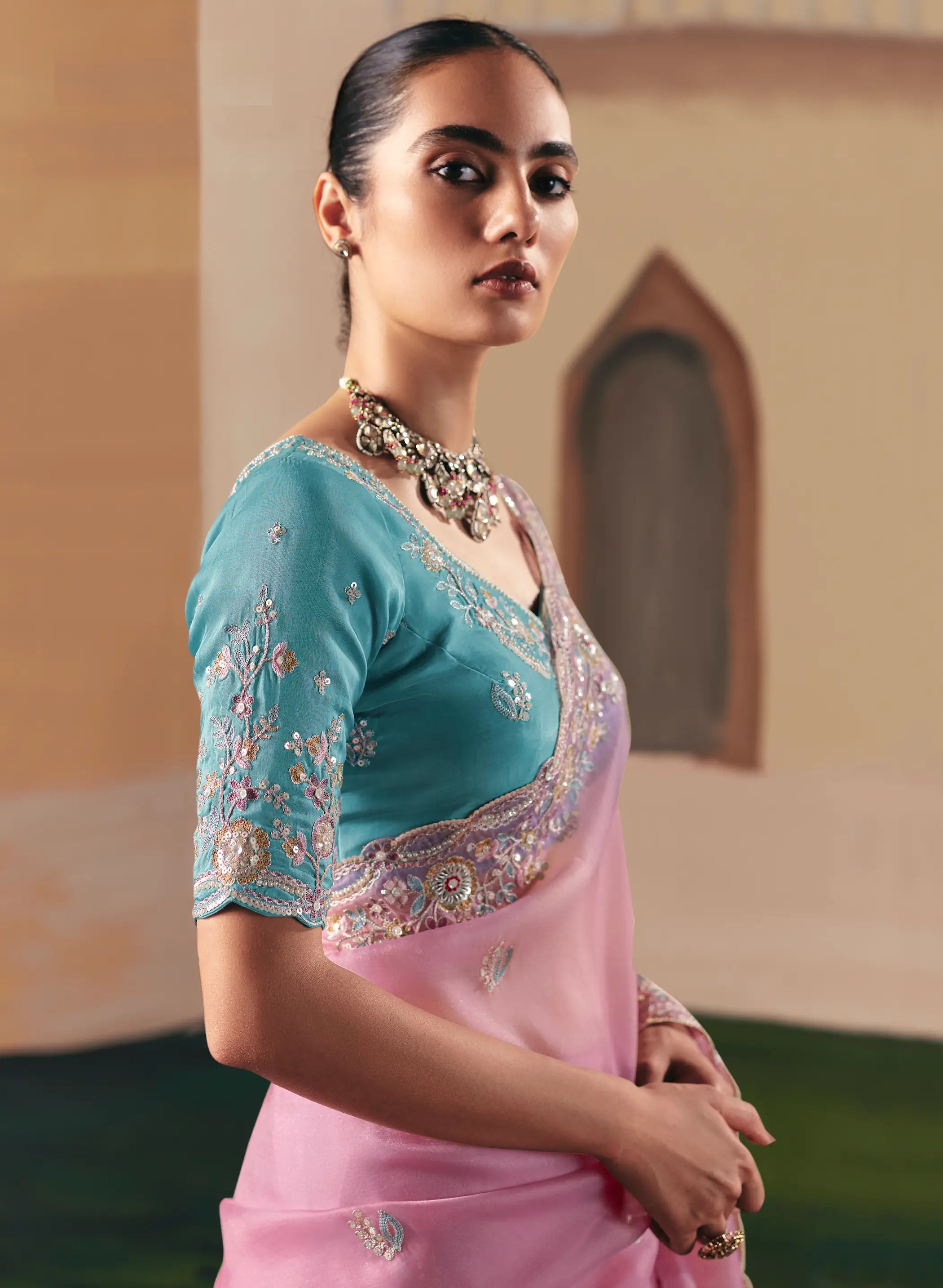 Rosy Pink Fancy Embroidery & Stone Work Saree - qivii