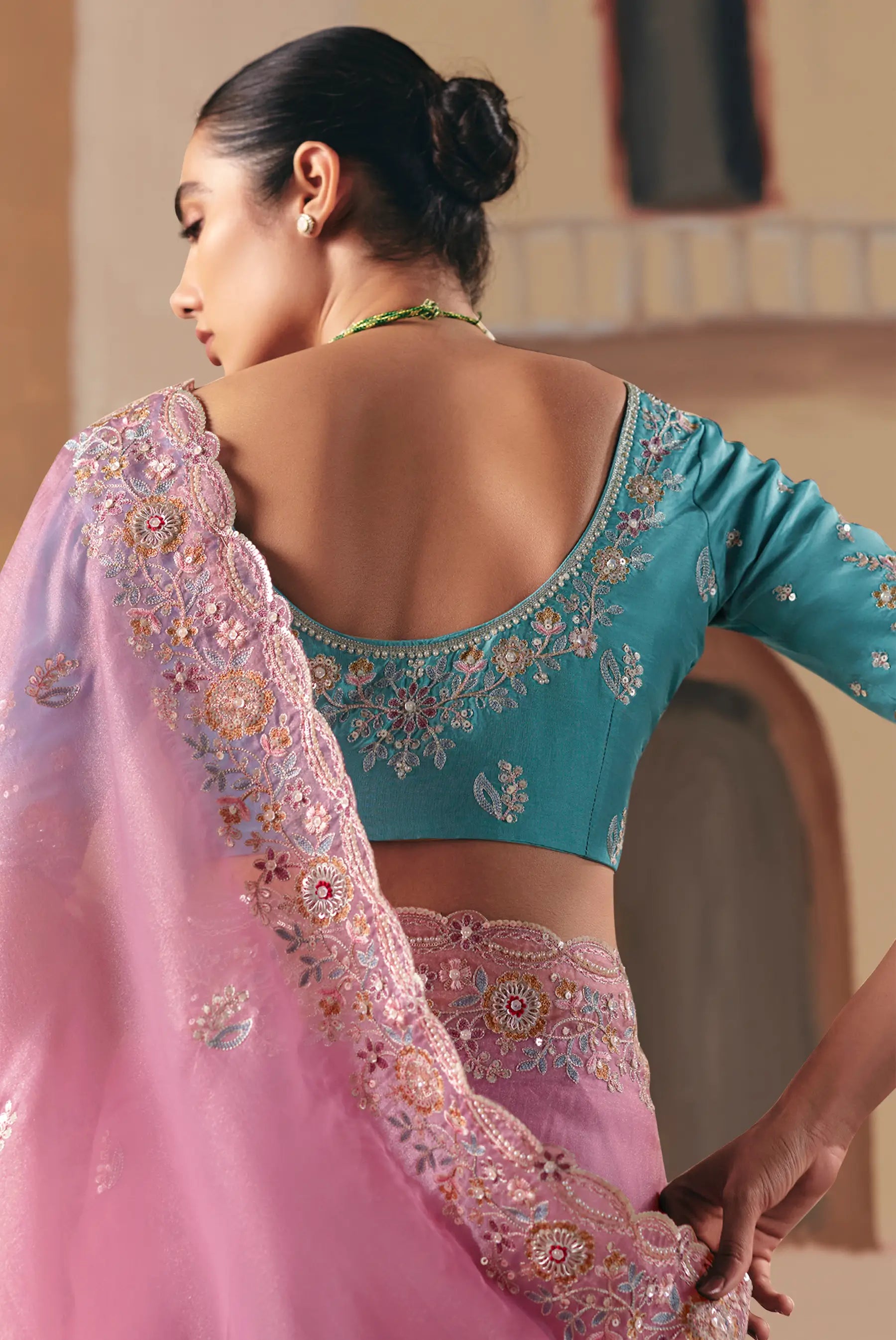 Rosy Pink Fancy Embroidery & Stone Work Saree - qivii