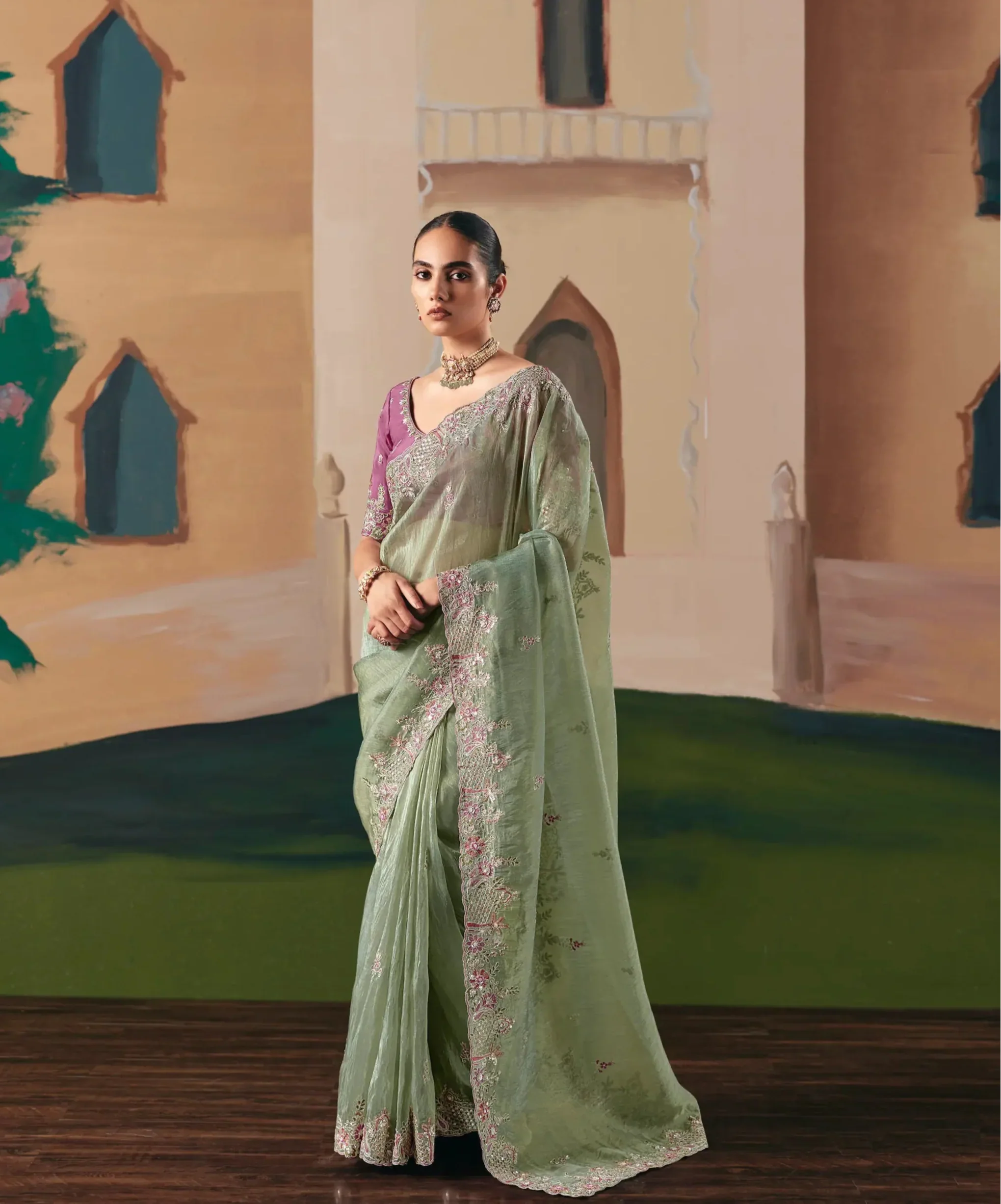 Sage Green Fancy Embroidery & Stone Work Saree - qivii