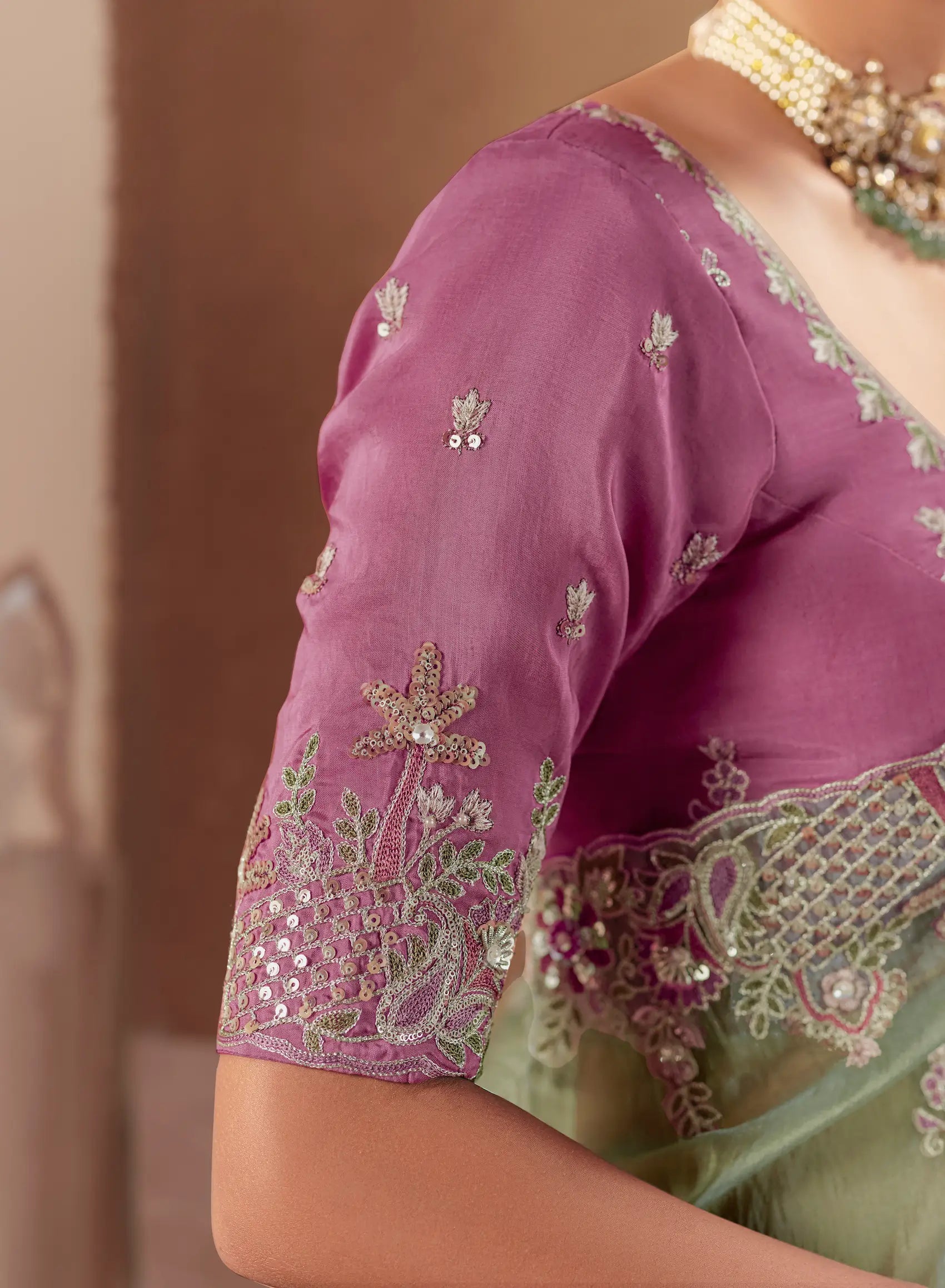 Sage Green Fancy Embroidery & Stone Work Saree - qivii