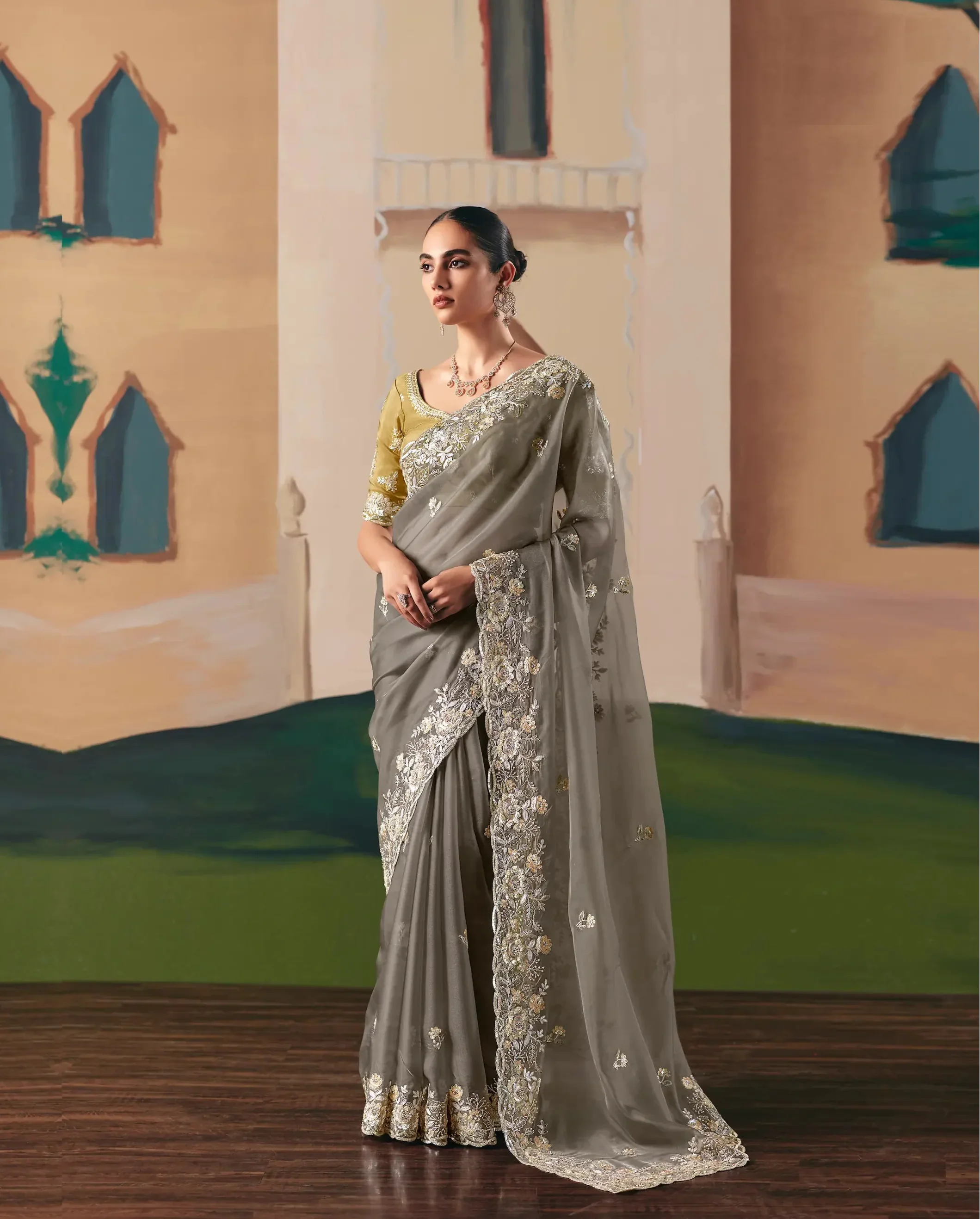 Dark Grey Fancy Embroidery & Stone Work Saree - qivii