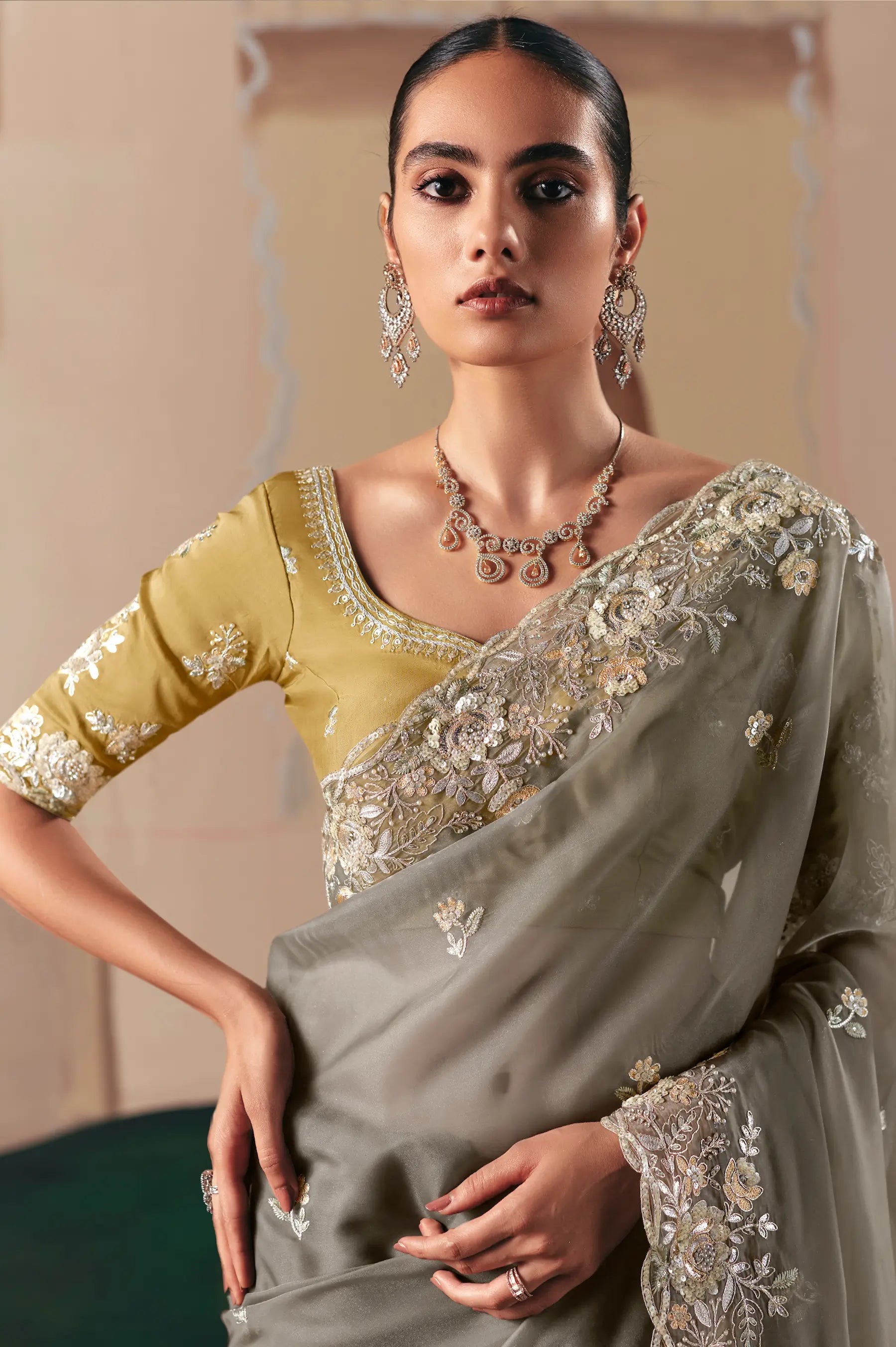 Dark Grey Fancy Embroidery & Stone Work Saree - qivii