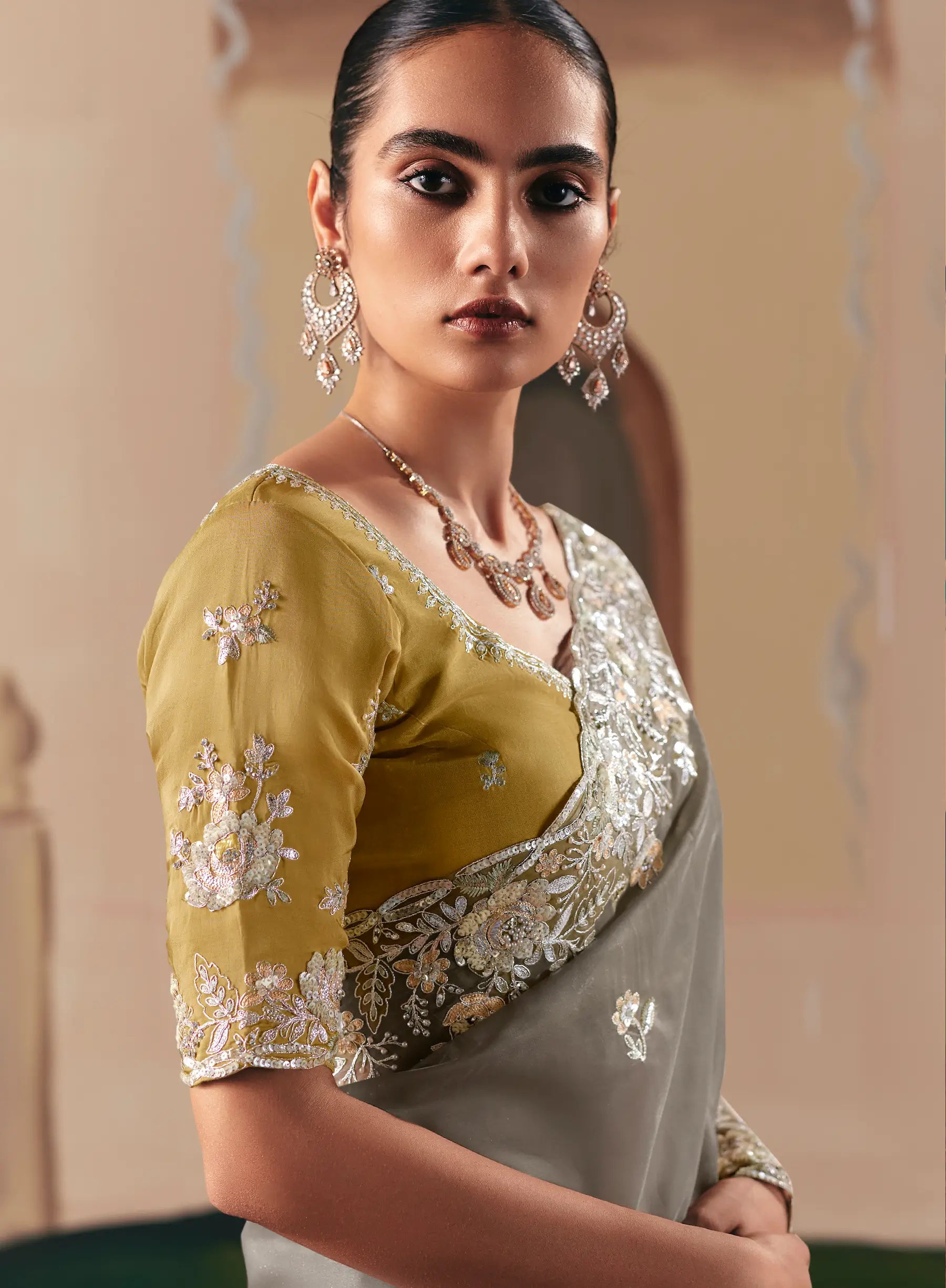 Dark Grey Fancy Embroidery & Stone Work Saree - qivii