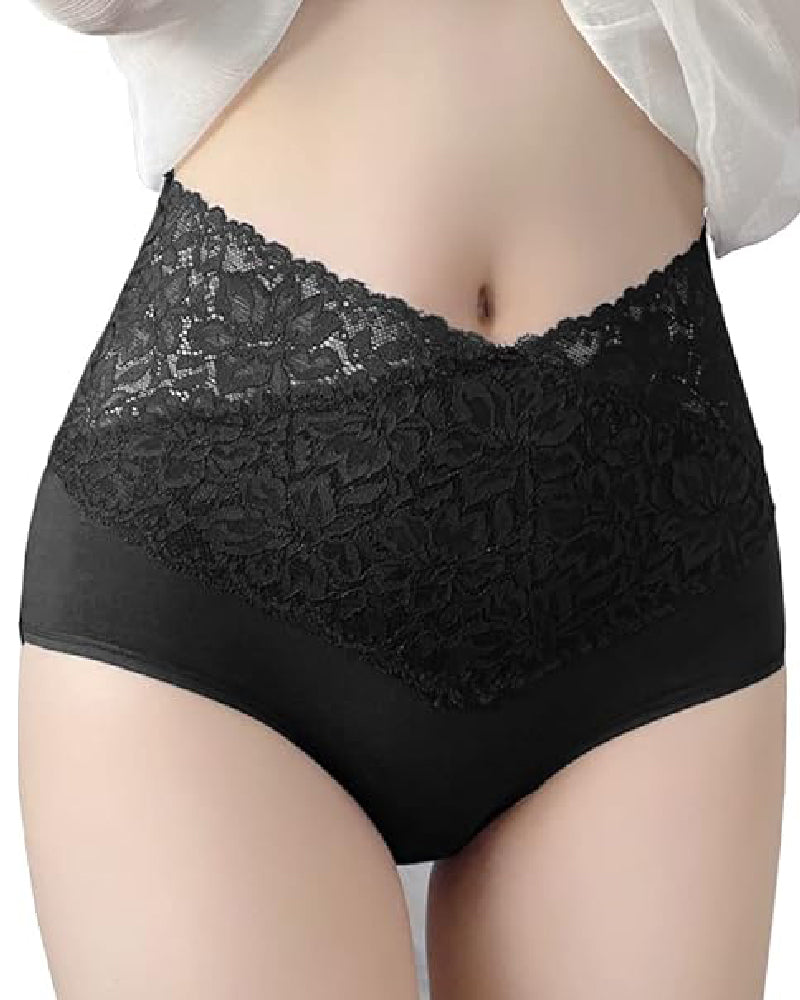 Women's V-shaped High Waist Floral Lace Briefs Sexy Tummy Control Soft Panties - By Qivii