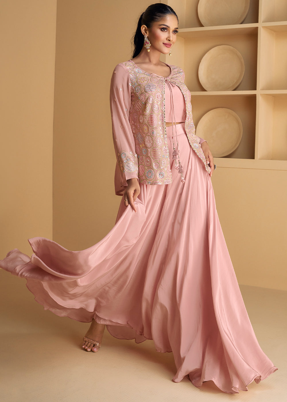 Sweet Pink Georgette Top Plazzo Set with Embroidered Jacket - qivii