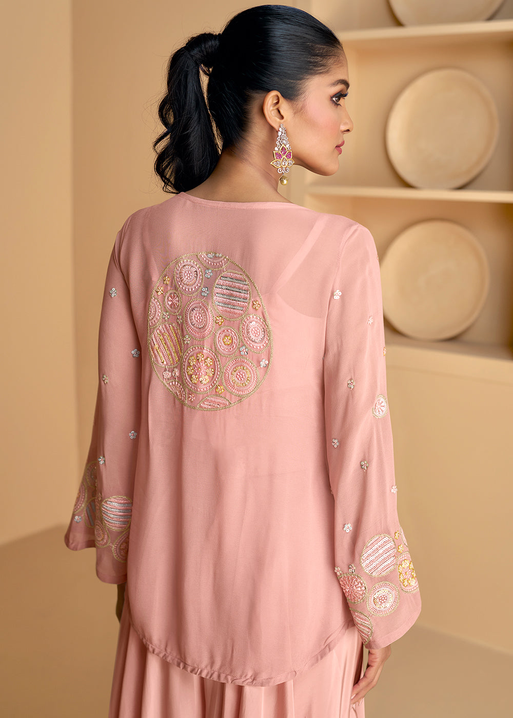 Sweet Pink Georgette Top Plazzo Set with Embroidered Jacket - qivii