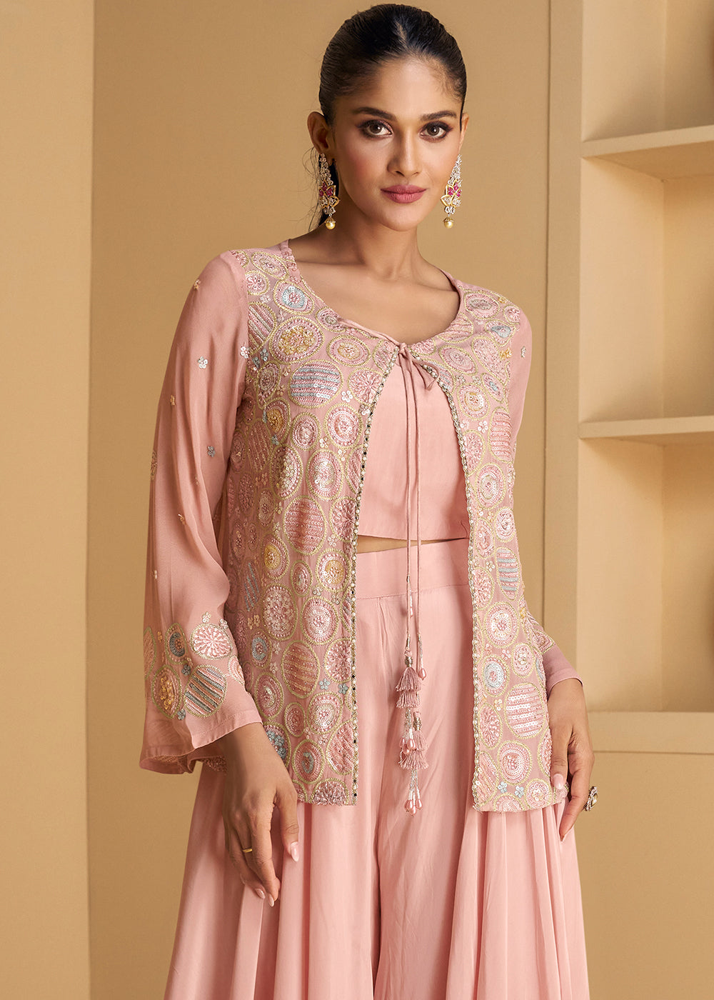 Sweet Pink Georgette Top Plazzo Set with Embroidered Jacket - qivii