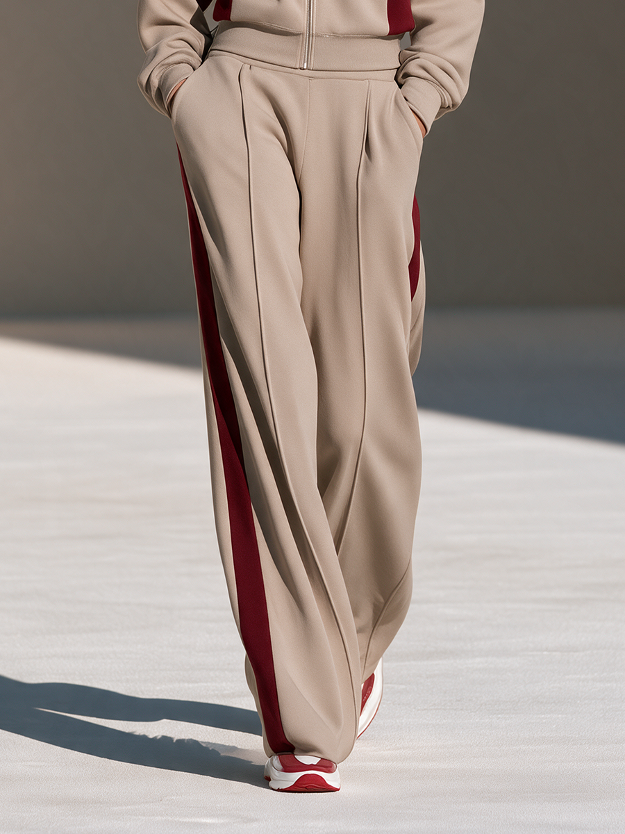 Women's Collared Zip Contrast-Stripe Drop-Shoulder Long-Sleeve Top And Wide-Leg Pants Sporty Set MDZ0182I7CMX