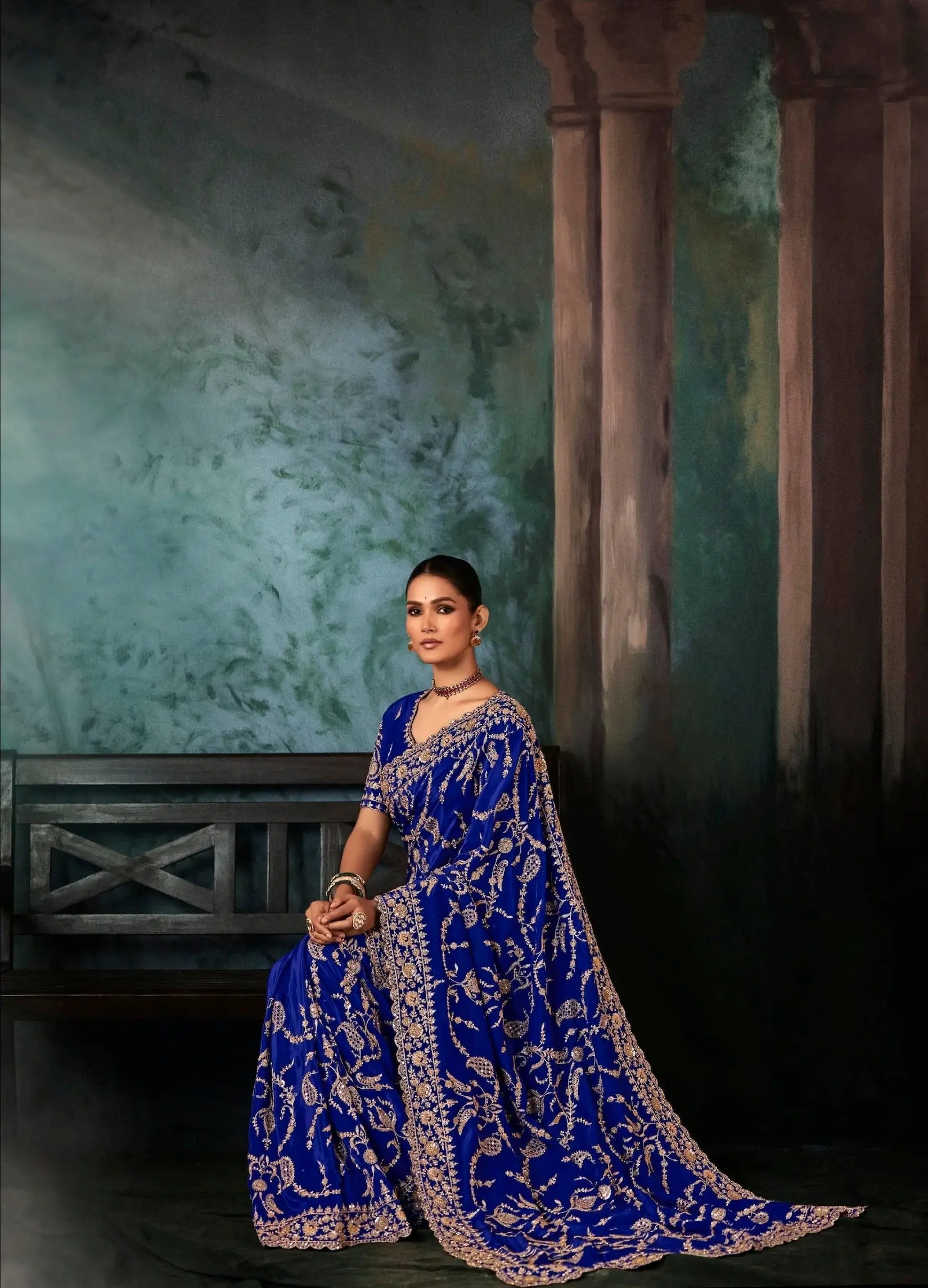 Royal Blue Bridal Saree With Aari & Hand Work