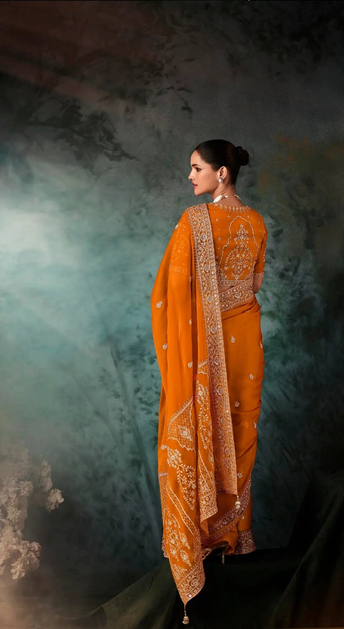 Rust Orange Bridal Saree With Aari & Hand Work