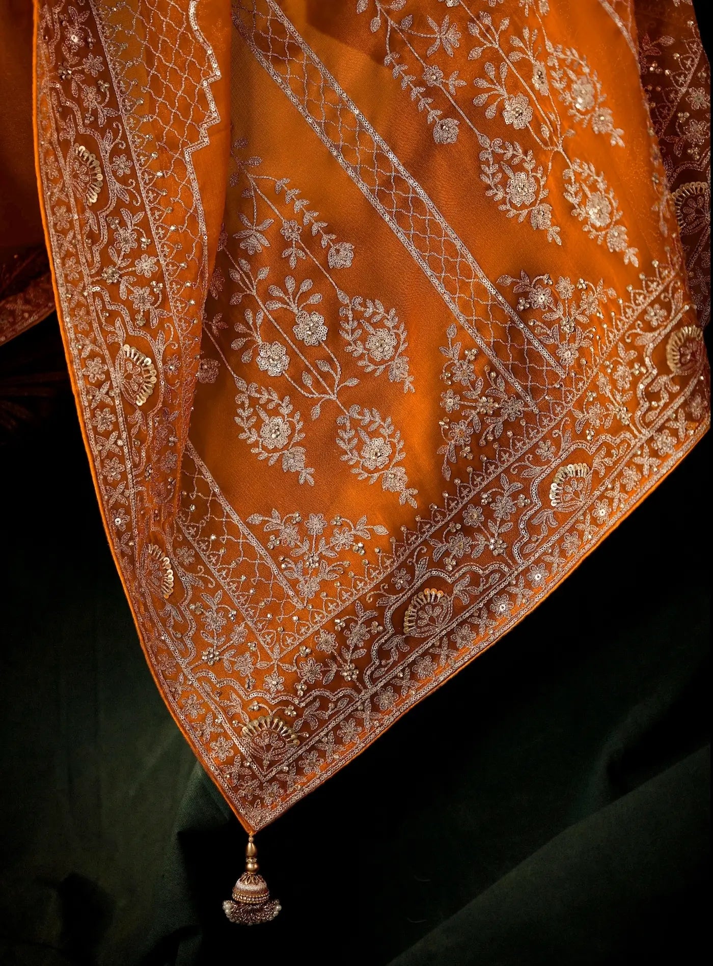 Rust Orange Bridal Saree With Aari & Hand Work