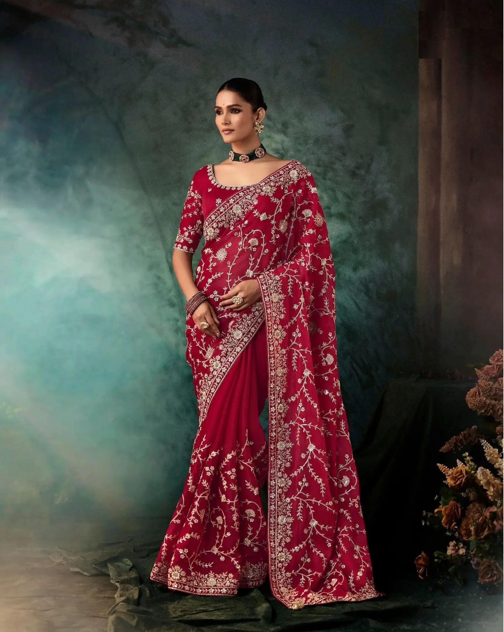 Dark Red Bridal Saree With Aari & Hand Work