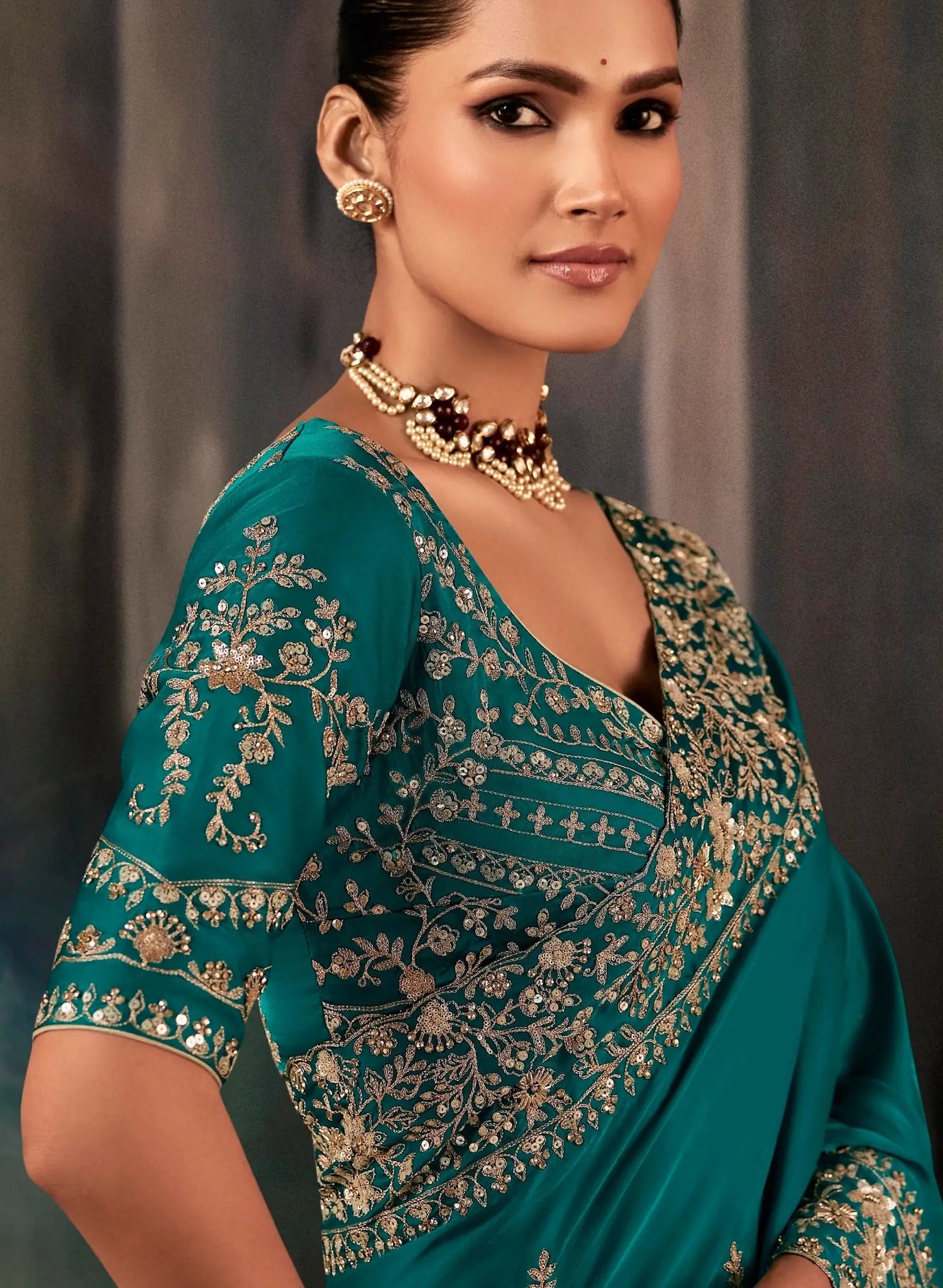 Deep Teal Bridal Saree With Aari & Hand Work