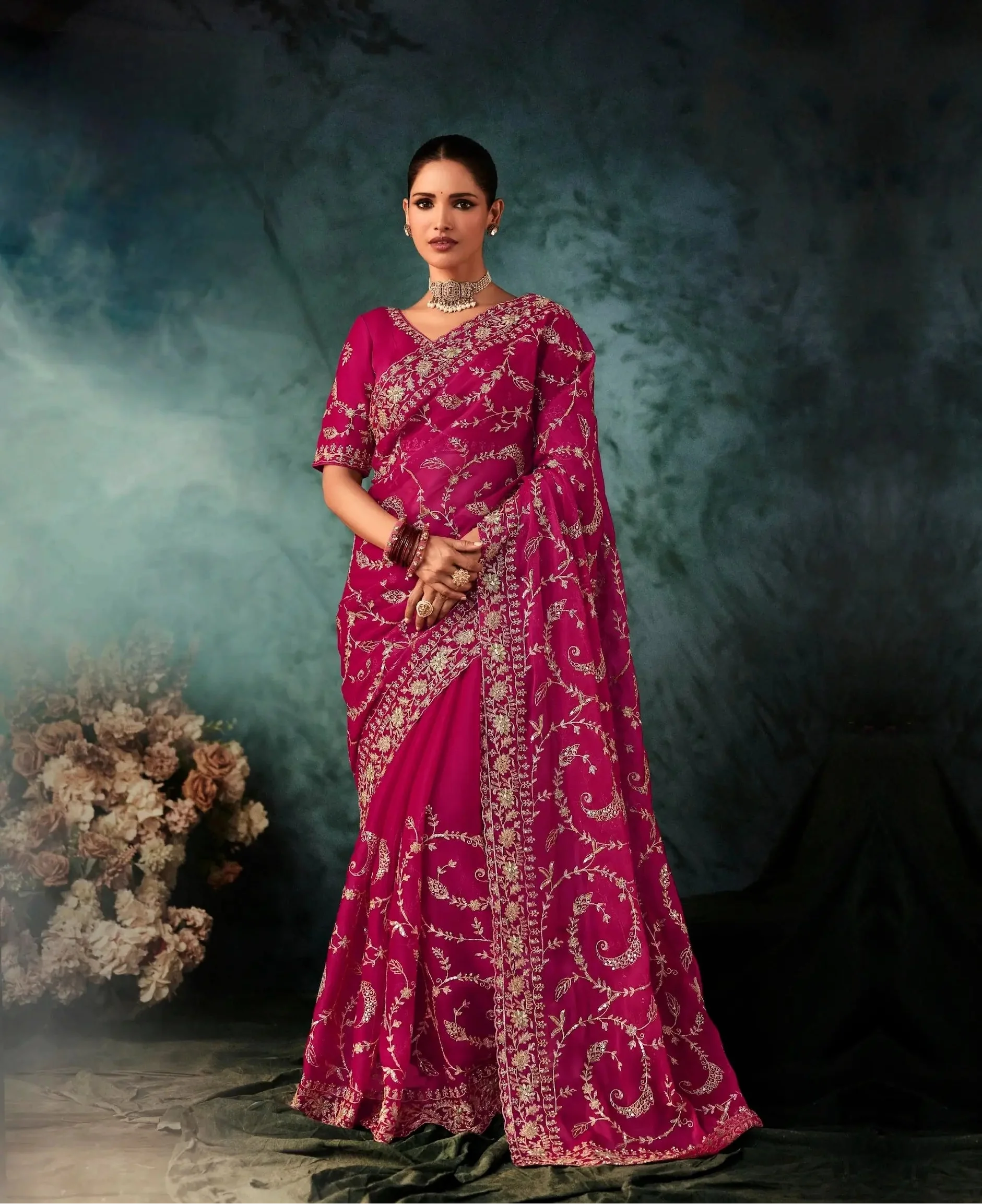 Rani Pink Bridal Saree With Aari & Hand Work