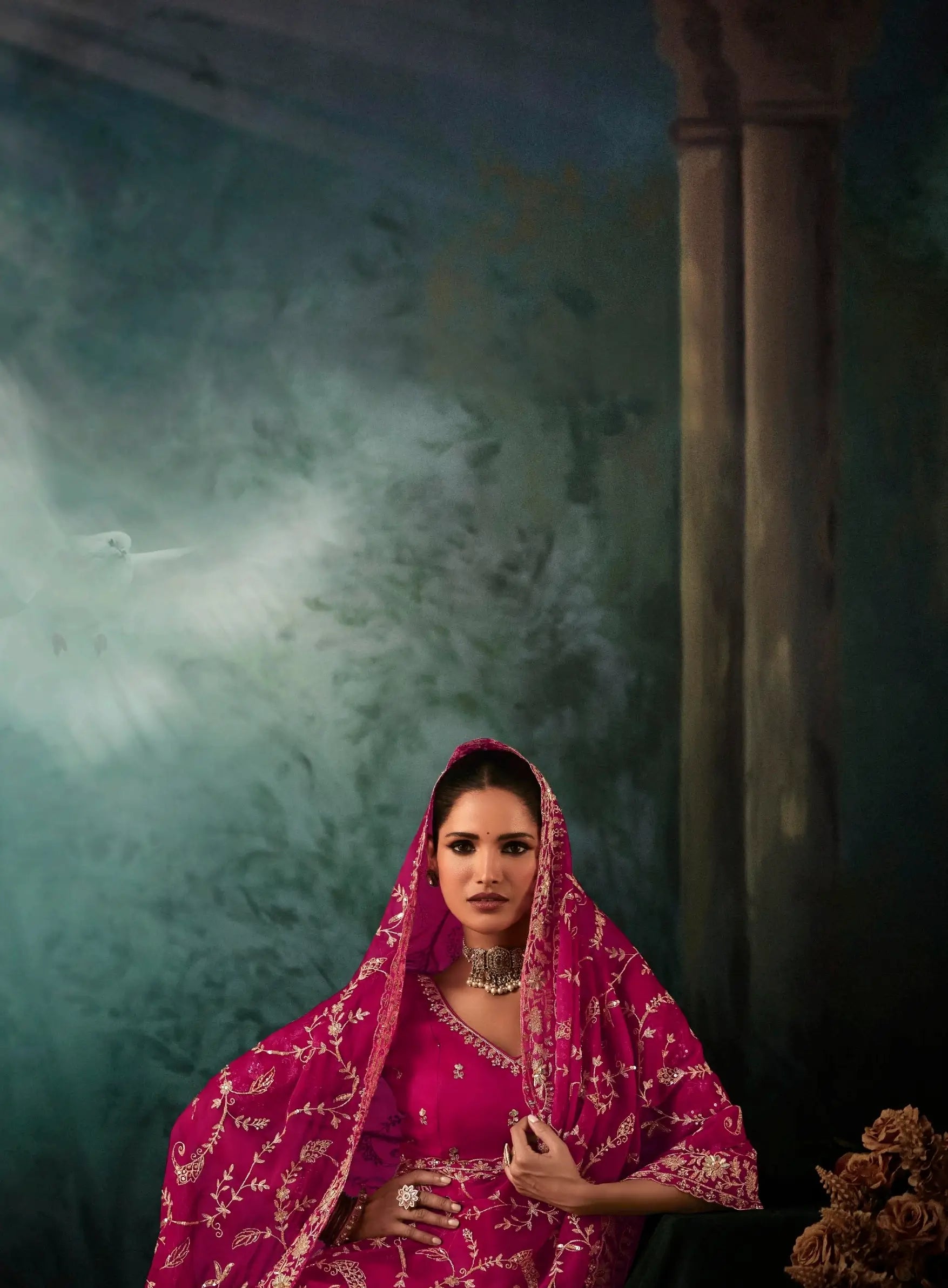 Rani Pink Bridal Saree With Aari & Hand Work