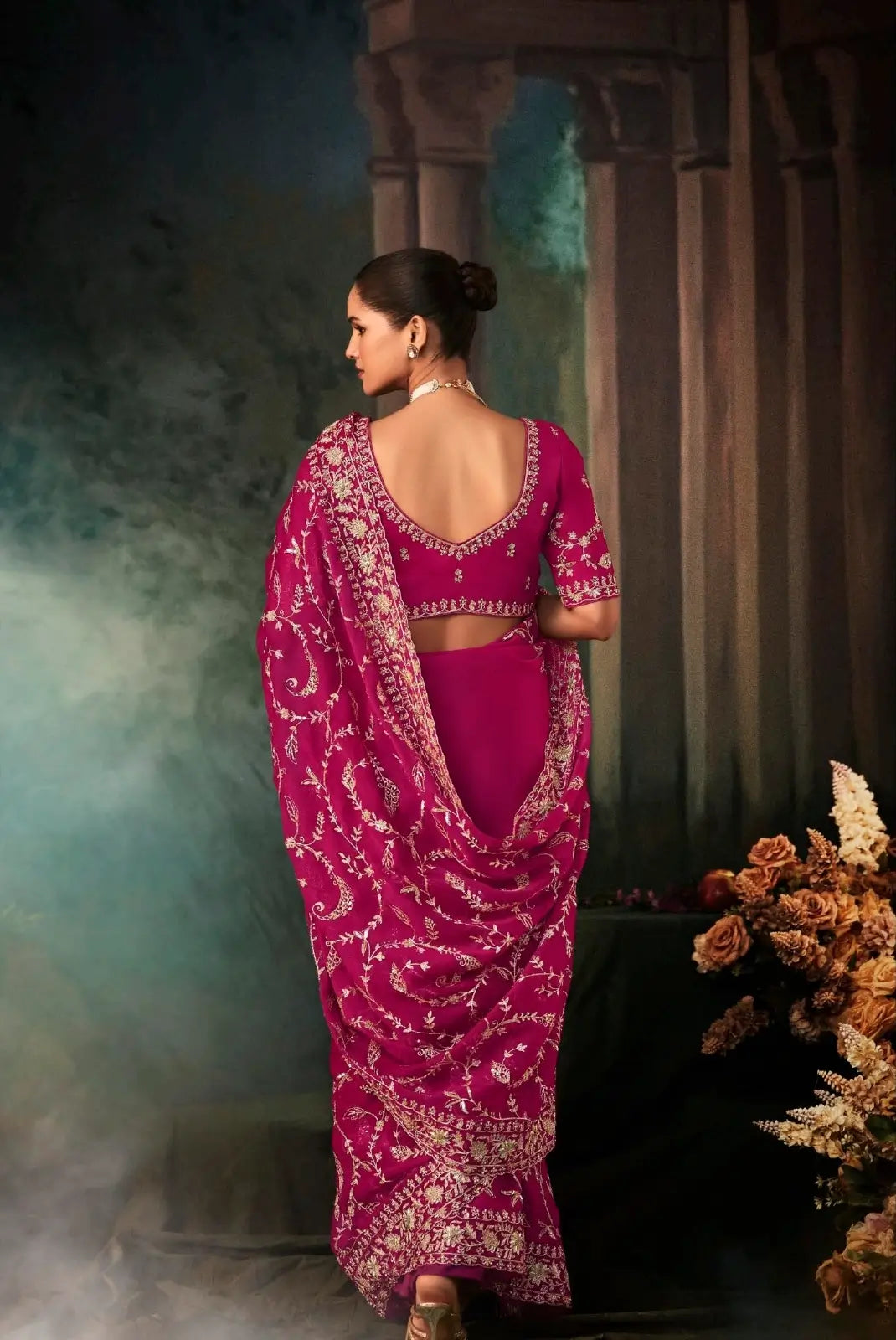 Rani Pink Bridal Saree With Aari & Hand Work