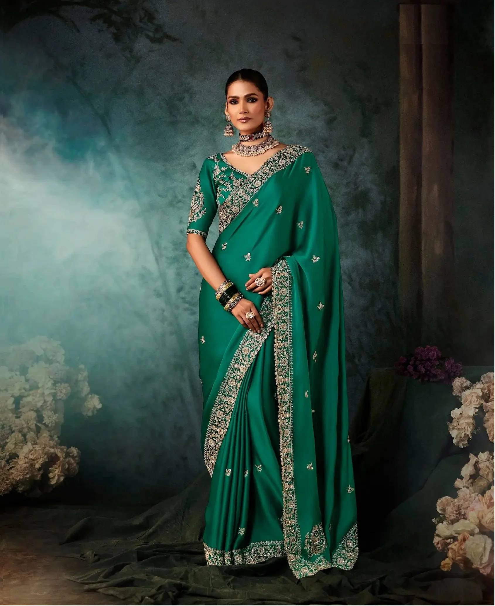 Teal Green Bridal Saree With Aari & Hand Work