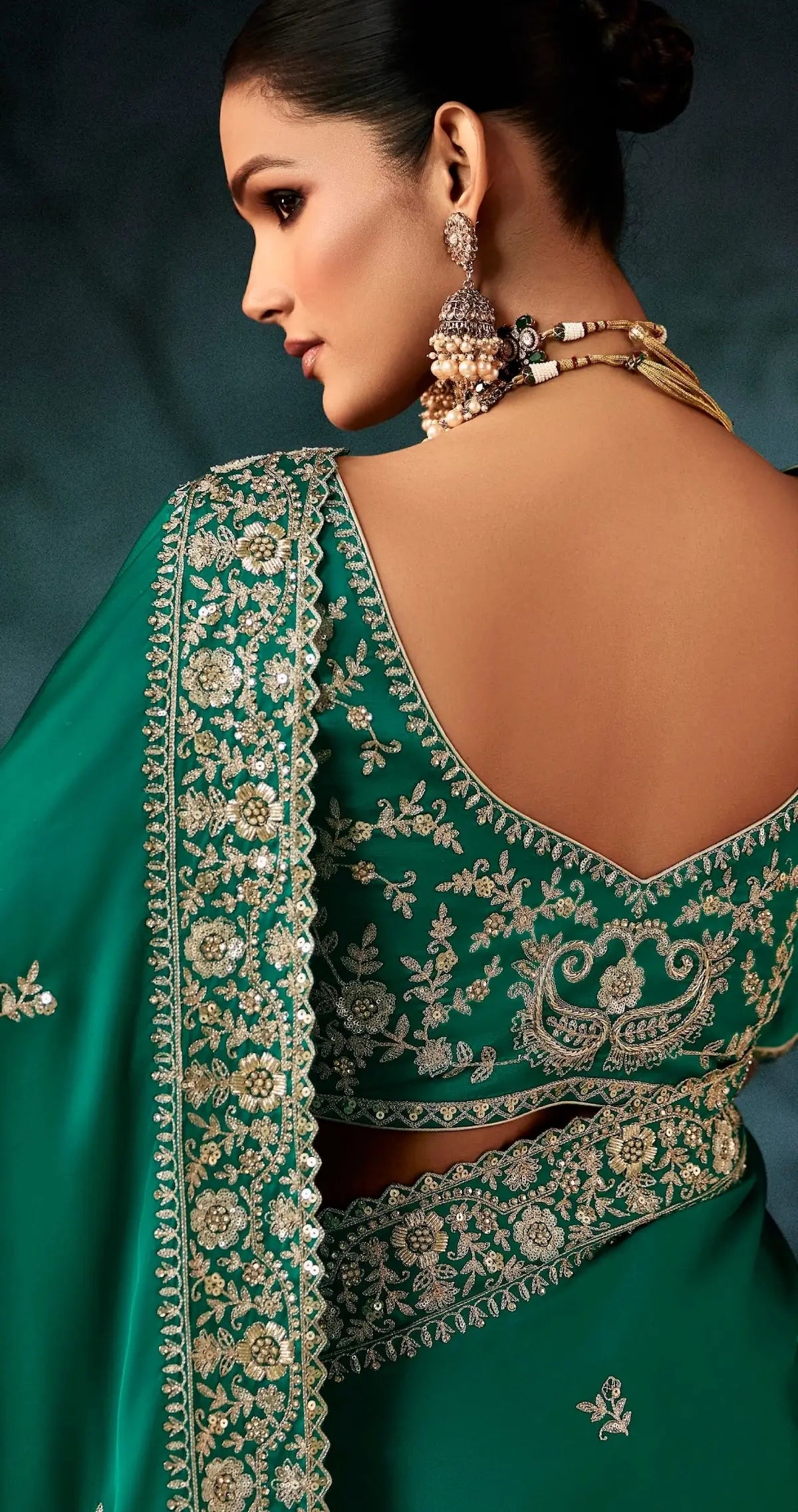 Teal Green Bridal Saree With Aari & Hand Work